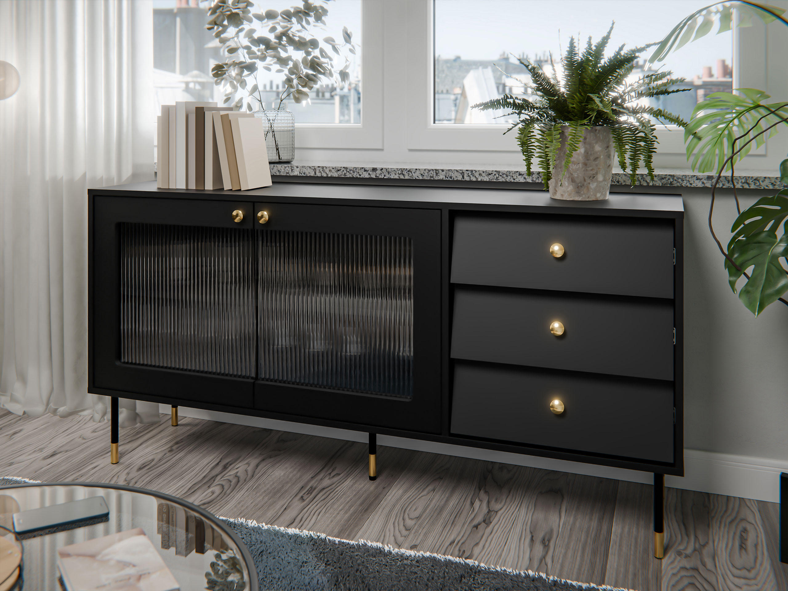 SIDEBOARD Valerio 150 - Goldfarben/Schwarz, Holzwerkstoff/Kunststoff (150/75/39cm) - MIRJAN24