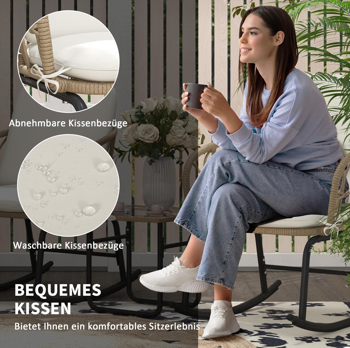 3-TEILIGES Schaukelstuhl-Set mit Tisch Rattan & Glasplatte - Beige, Metall - Modfu