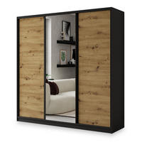 SCHWEBETÜRENSCHRANK SORE 180/205/58 cm 3-türig mit Spiegel und Schubladen Schwarz / Eiche Artisan - Schwarz/Eiche Artisan, Holzwerkstoff (180/205/58cm) - MASSENO
