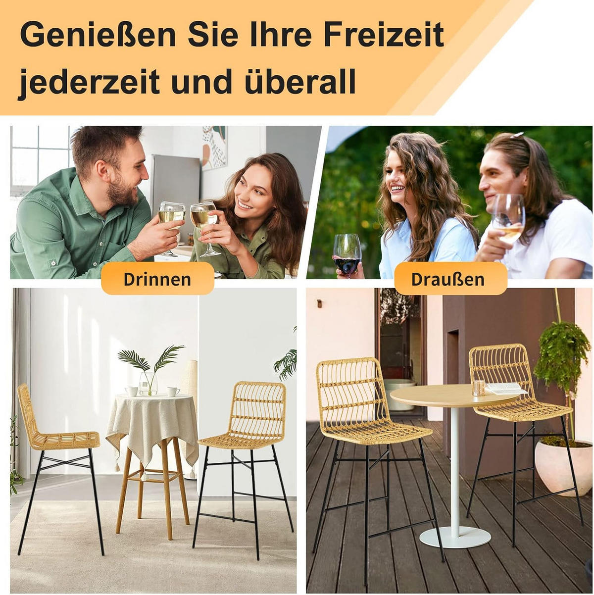 BARHOCKER Rattan Gelb(2er-Set) - Gelb, Naturmaterialien (56/104/49cm) - COSTWAY