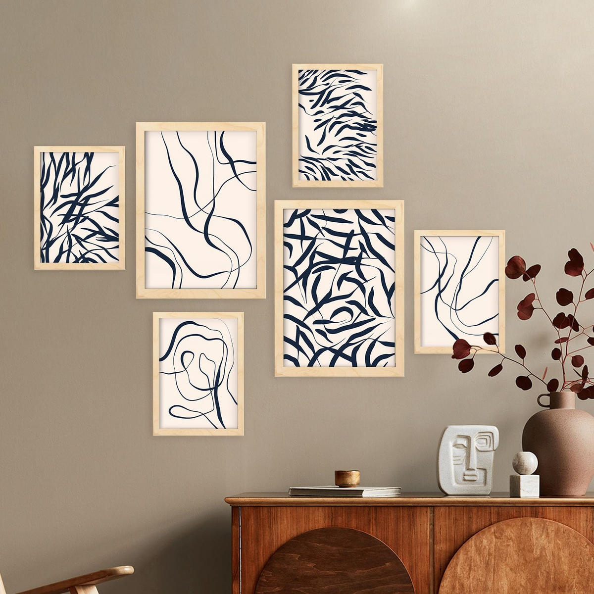 POSTER Set Mit 6 Formabstrakte Ästhetische Dekobilder Für Ihr Wohnzimmer, Schlafzimmer Oder Zuhause A3 & A4 Rahmen Aus Hellem Holz - Beige, Papier (29/3cm) - Nacnic