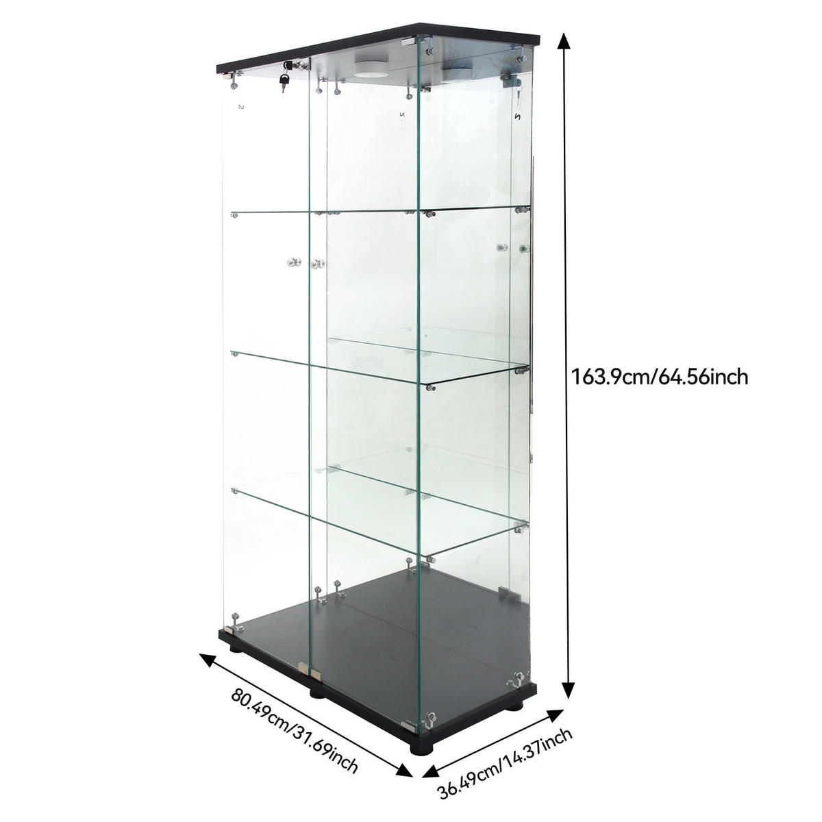 GLASVITRINE, Doppeltüren mit Sicherheitsschloss, verstellbare LED, 4 Einlegeböden, Sicherheitsglas in Schwarz - Schwarz, Glas (36.49/163.9/80.49cm) - BRILVERDE