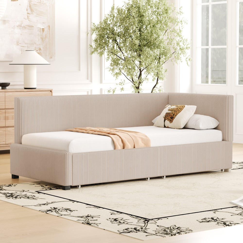 SCHLAFSOFA 90x200 cm in Beige Samtstoff mit 2 großen Stauraumschubladen - Beige, Holz/Textil (97/68/204.5cm) - KOMHTOM