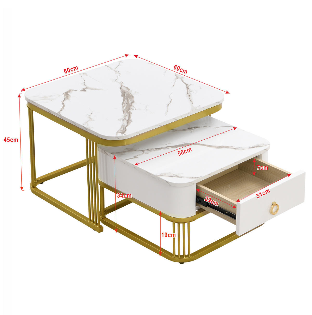 COUCHTISCH-SET aus MDF 60x60x45 cm Weiß mit Marmoroptik, Schublade und goldfarbenem Metallrahmen - Weiß, Holzwerkstoff (60/60/45cm) - IVMEU