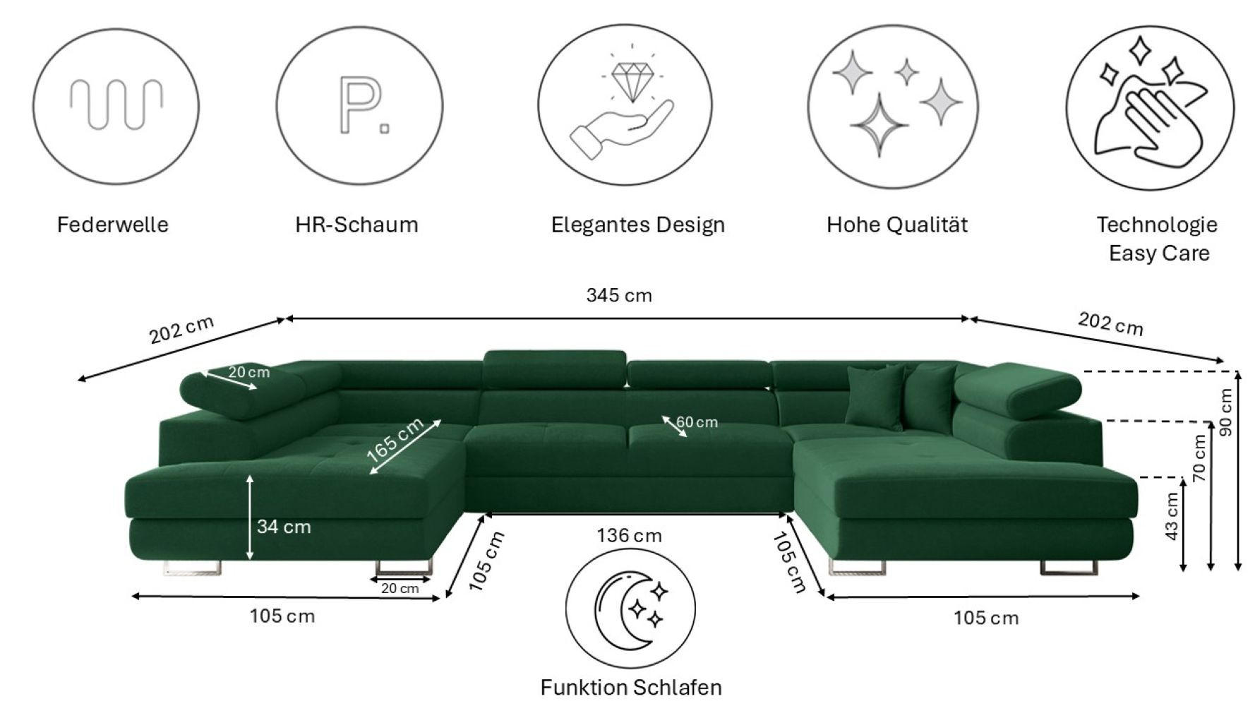 Thumbnail - Kaiser Möbel Ecksofa, Dunkelgrün, Textil, U-Form,L-Form, 345x202 cm, Wohnzimmer, Sofas & Couches, Wohnlandschaften, Ecks...
