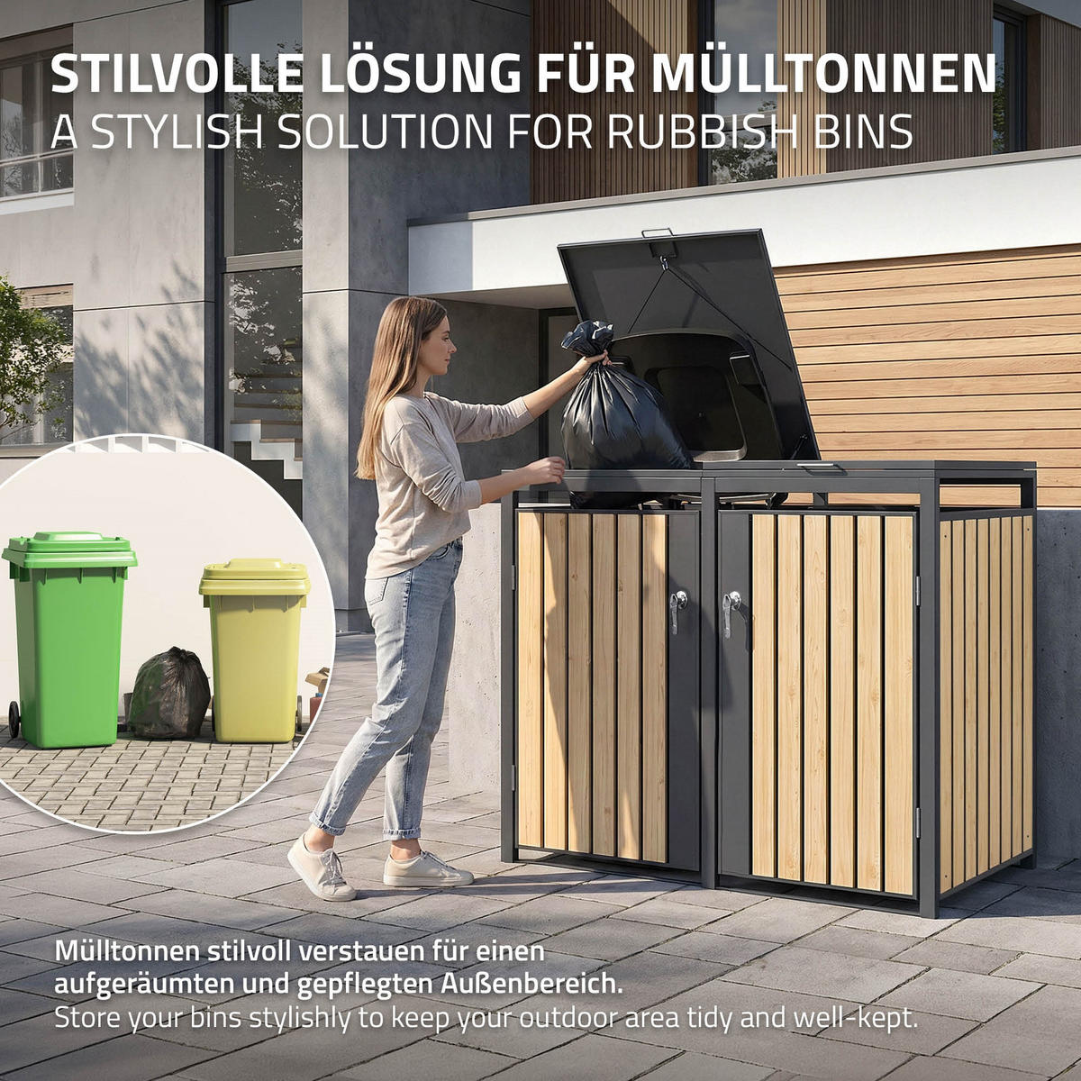 MÜLLTONNENBOX 2er Anthrazit-Lärchenoptik - Naturfarben, Metall (132/120/80cm) - ML-DESIGN
