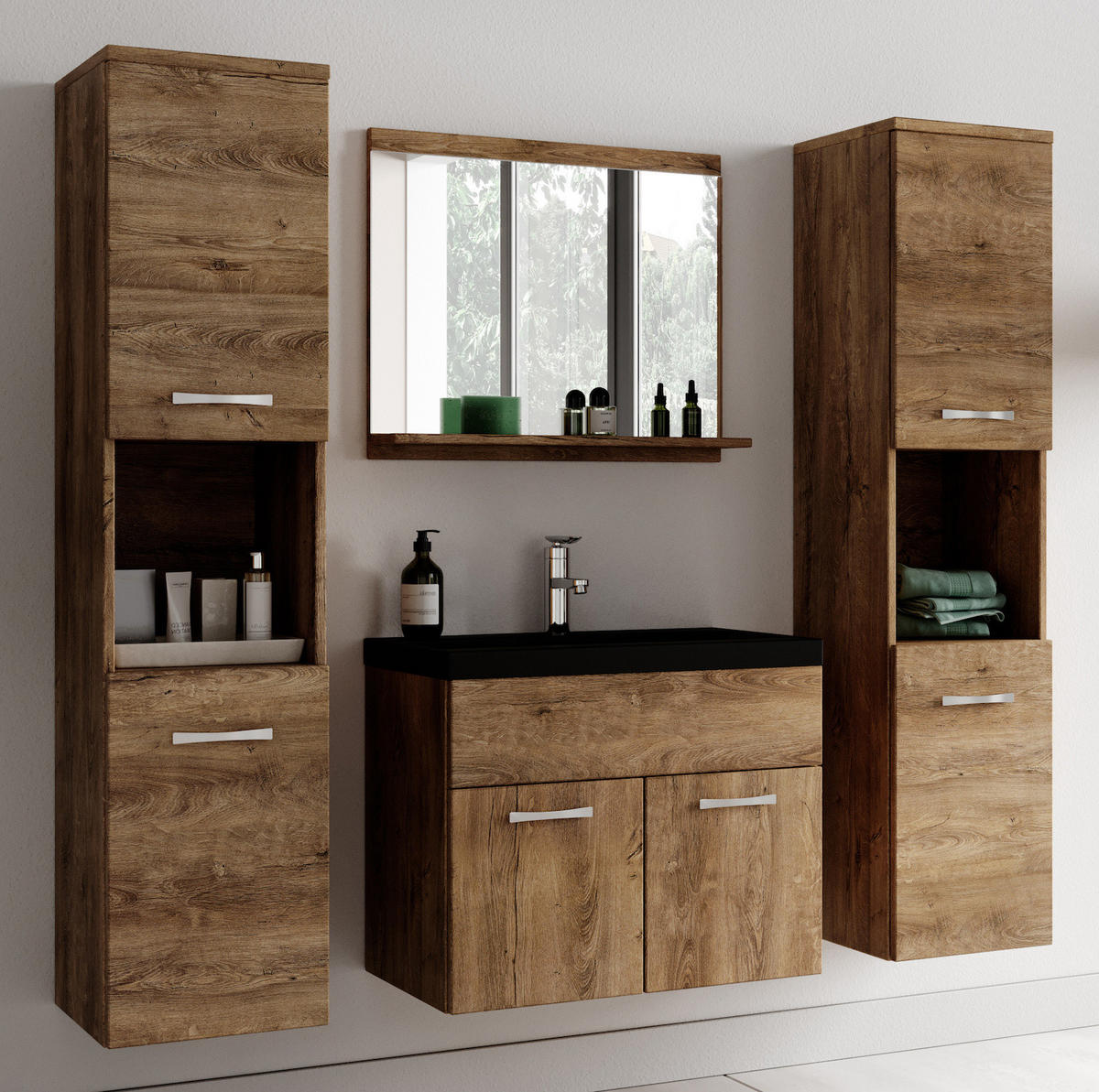 BADMÖBEL-SET Montreal 5 Teile Braun Eiche - Schwarze Waschbecken - 60 x 35 x 51 cm - Eichefarben/Schwarz, Holz (60/51/35cm) - Badplaats