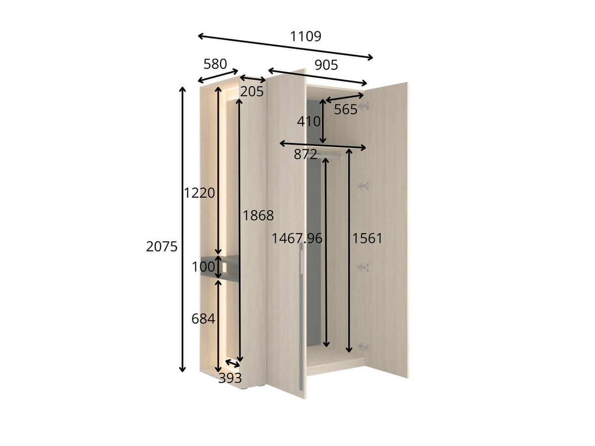 KLEIDERSCHRANK BRAVIA 97 - 110,9×207,5×58 cm 2 Türen & 4 Einlegeböden, mit Spiegel, mit Beleuchtung Barista Eiche / Schwarz Onyx - Eichefarben, Holz/Holzwerkstoff (110.9/207.5/20.5cm) - Milaros Markt