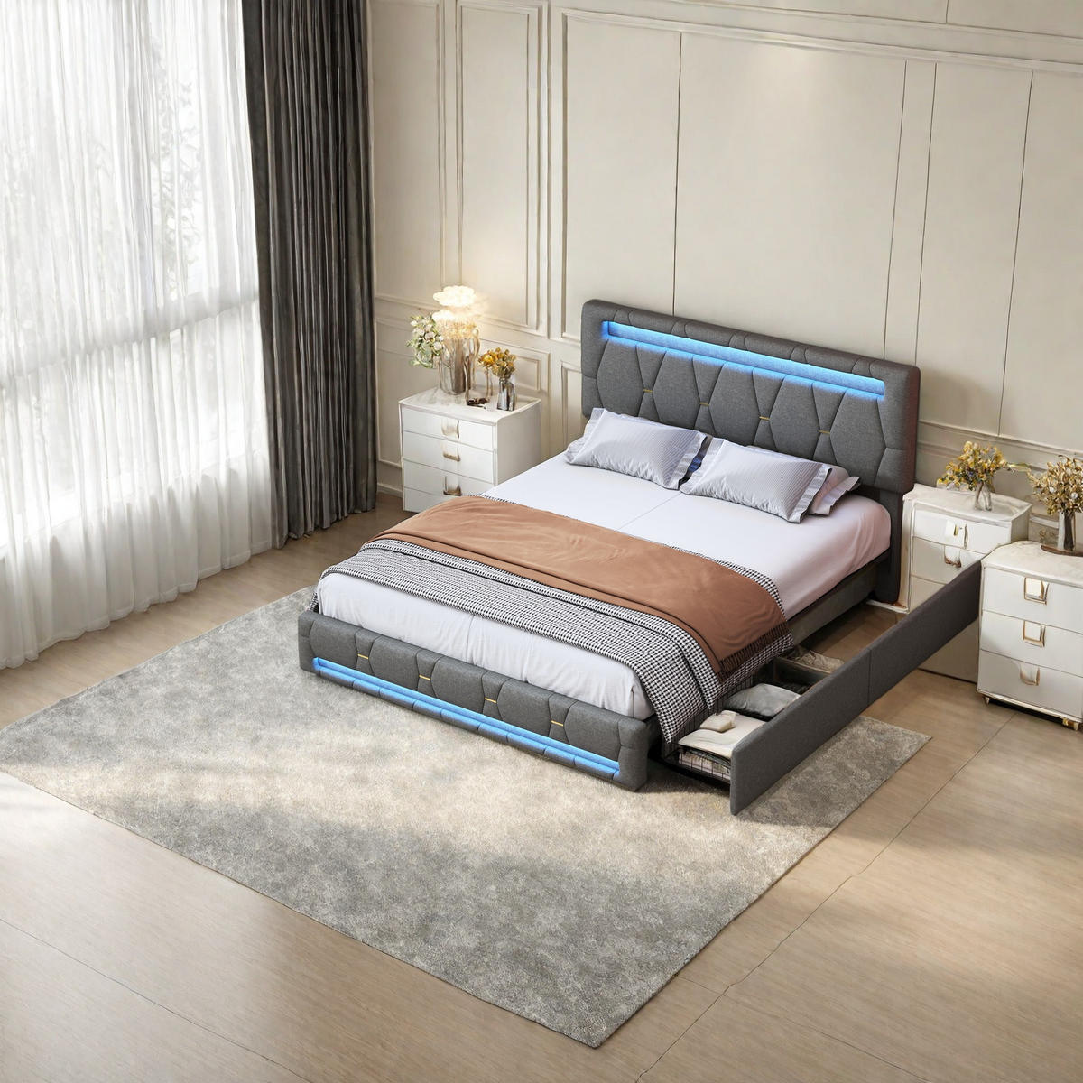 POLSTERBETT 160x200 cm LED Stauraum Lattenrost grau - Grau, Holz (160/200cm) - LEBENLANG