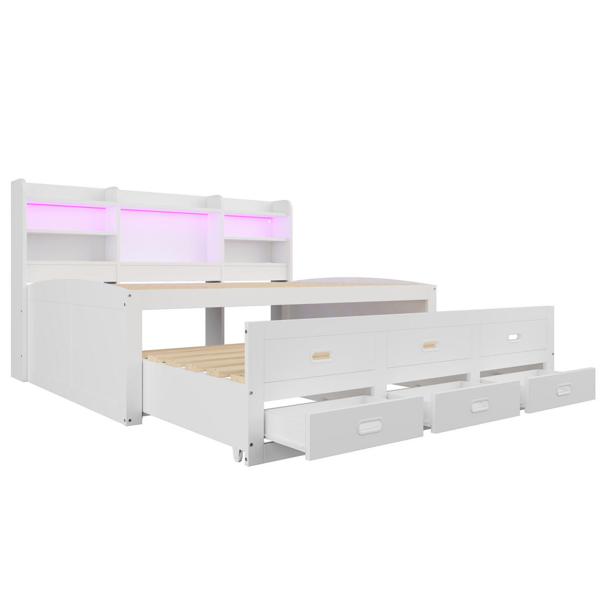 TAGESBETT 140x200cm Weiß LED Schubladen USB-C Nachttisch Klappbar Ausziehbar - Weiß, Holz (140/200cm) - FLIEKS