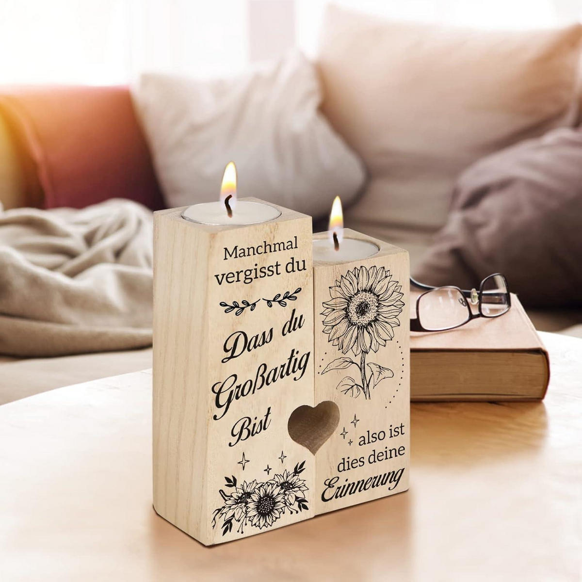 KERZENSTÄNDER Holz mit Spruch 12 cm - Braun, Holz (4/12/9cm)