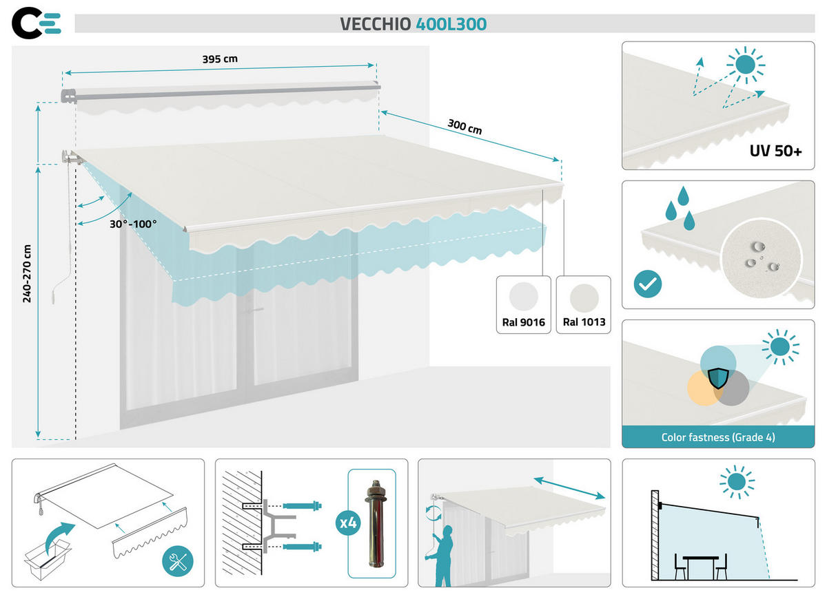 MONOBLOCK-MARKISE VECCHIO Weißes Gestell - leinwand Beige 4x3m - Premium-Leinwand 320g/m² - Beige, Metall (304/218/300cm) - Cazeboo