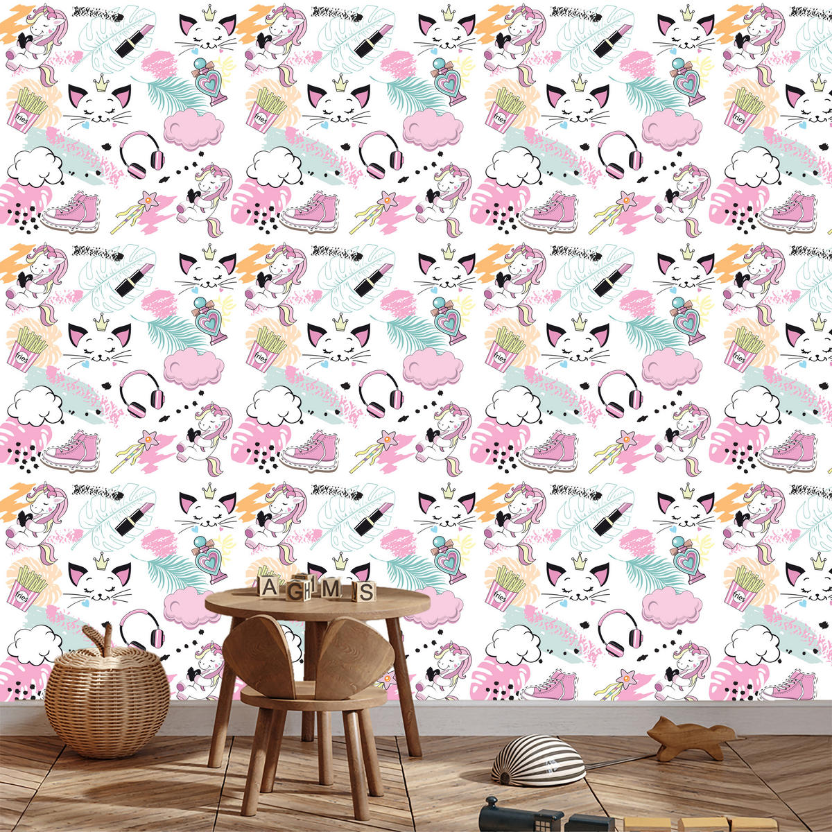 VLIESTAPETE Einhörner und Katzen – Rosa, Mint, Weiß – 50x1000 cm - Rosa/Weiß, Papier (50/1000cm) - Muralo