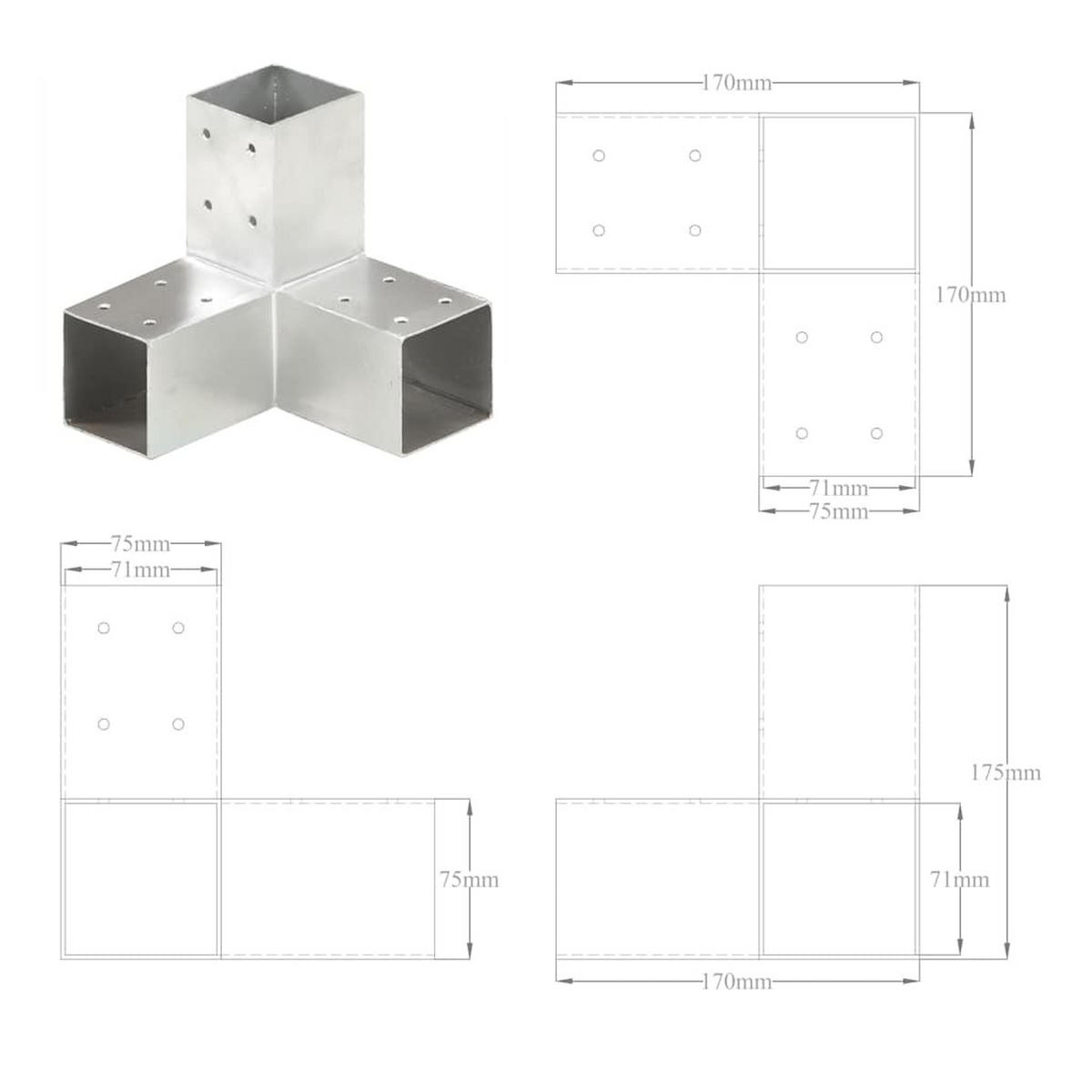 PFOSTENVERBINDER, Y-Form, für 71/71 mm, aus Verzinktes Metall, 4er-Set - Weiß, Metall (17/17.5cm) - vidaXL
