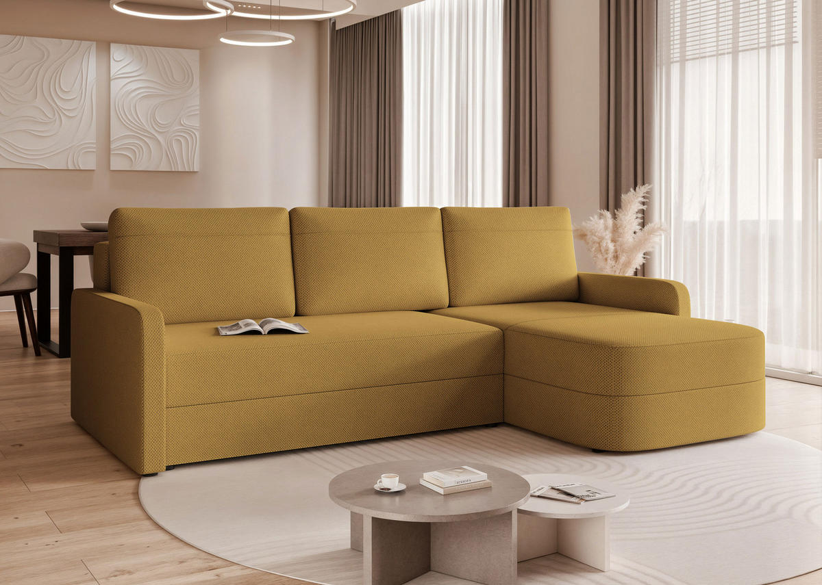 ECKSOFA CERIS mit Schlaffunktion und Bettkasten Gelb - Gelb, Holzwerkstoff/Kunststoff (250/160cm) - Idohome