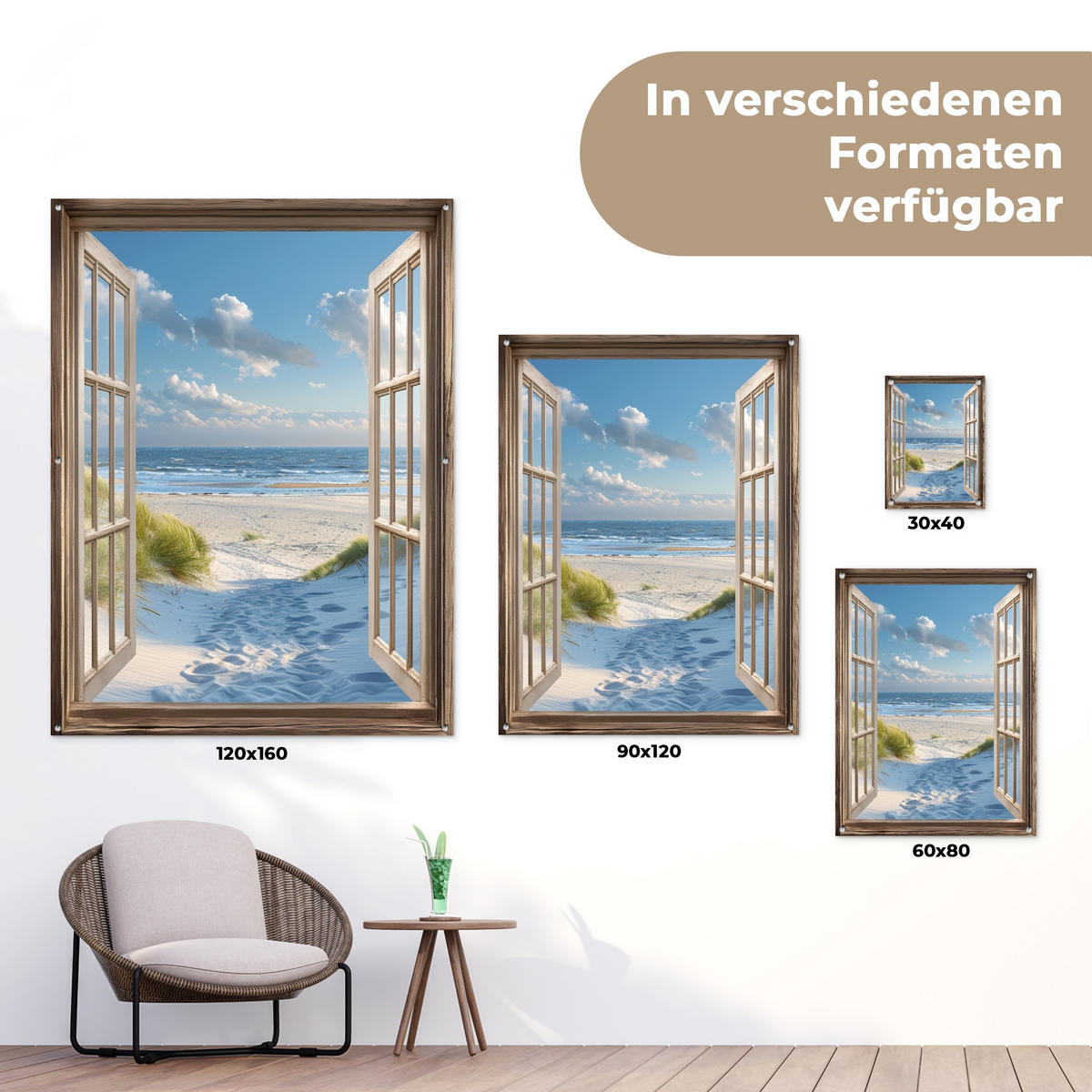 ZAHRADNÍ PLAKÁT Pohled - Pláž - Okno - Duny - Moře 120x160 cm - světle modrá, plast (120/160/0.2cm) - OnlyWow