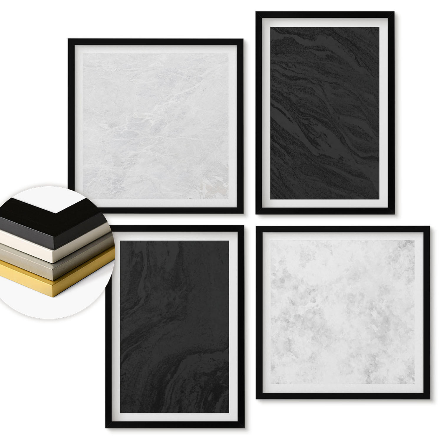 WANDBILDER 4er-Set - 50x50 cm & 40x60 cm Schwarzer Rahmen - Dunkles Licht, glamouröse Marmor - Schwarz, Kunststoff (50/50cm) - ArtPrintCave