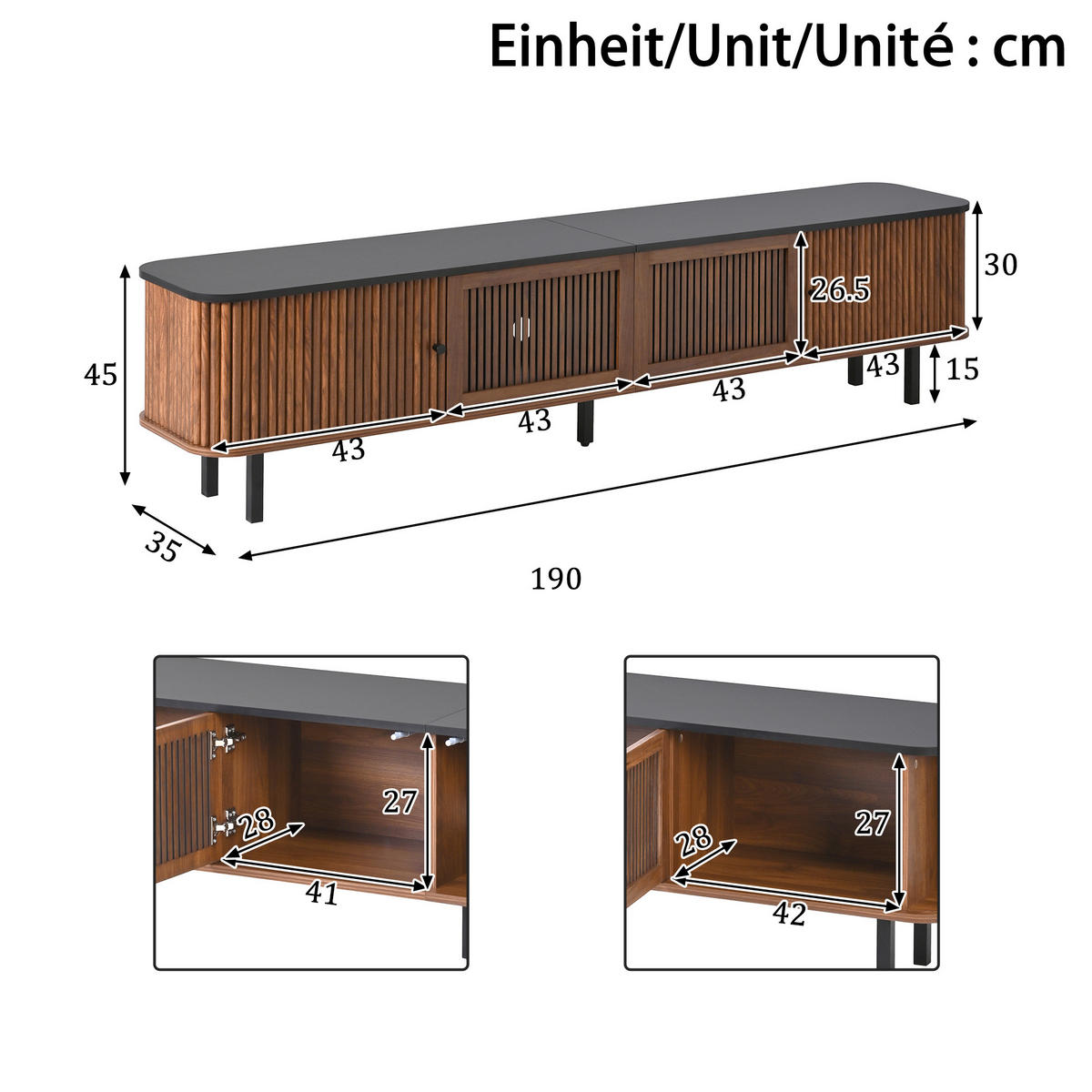 TV-LOWBOARD 190 x 30 x 45 cm, 2 Schiebetüren, Rattanoptik, runde Metallgriffe, Walnuss - Walnussfarben, Holzwerkstoff (190/45/30cm)