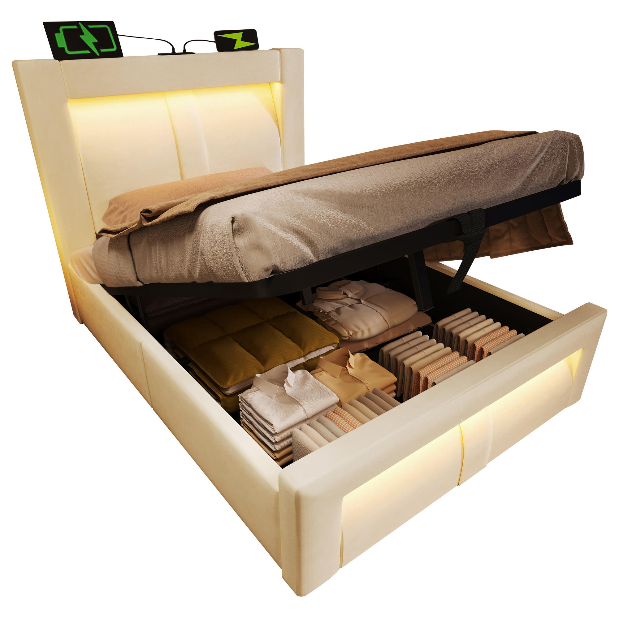 POLSTERBETT 90/200 cm Beige aus Samt mit LED und Stauraum mit Matratze - Beige, Textil (90/200cm) - OKWISH