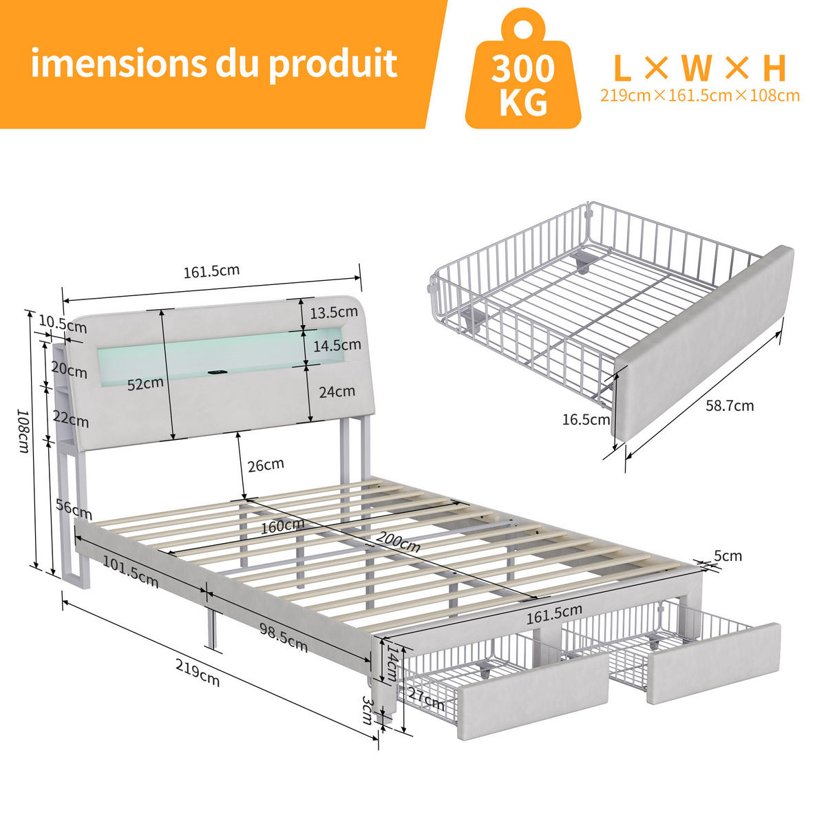 POLSTERBETT 160x200 cm LED USB Stauraum Kopfteil 2 Schubladen beige - Beige, Holz (160/200cm) - LEBENLANG