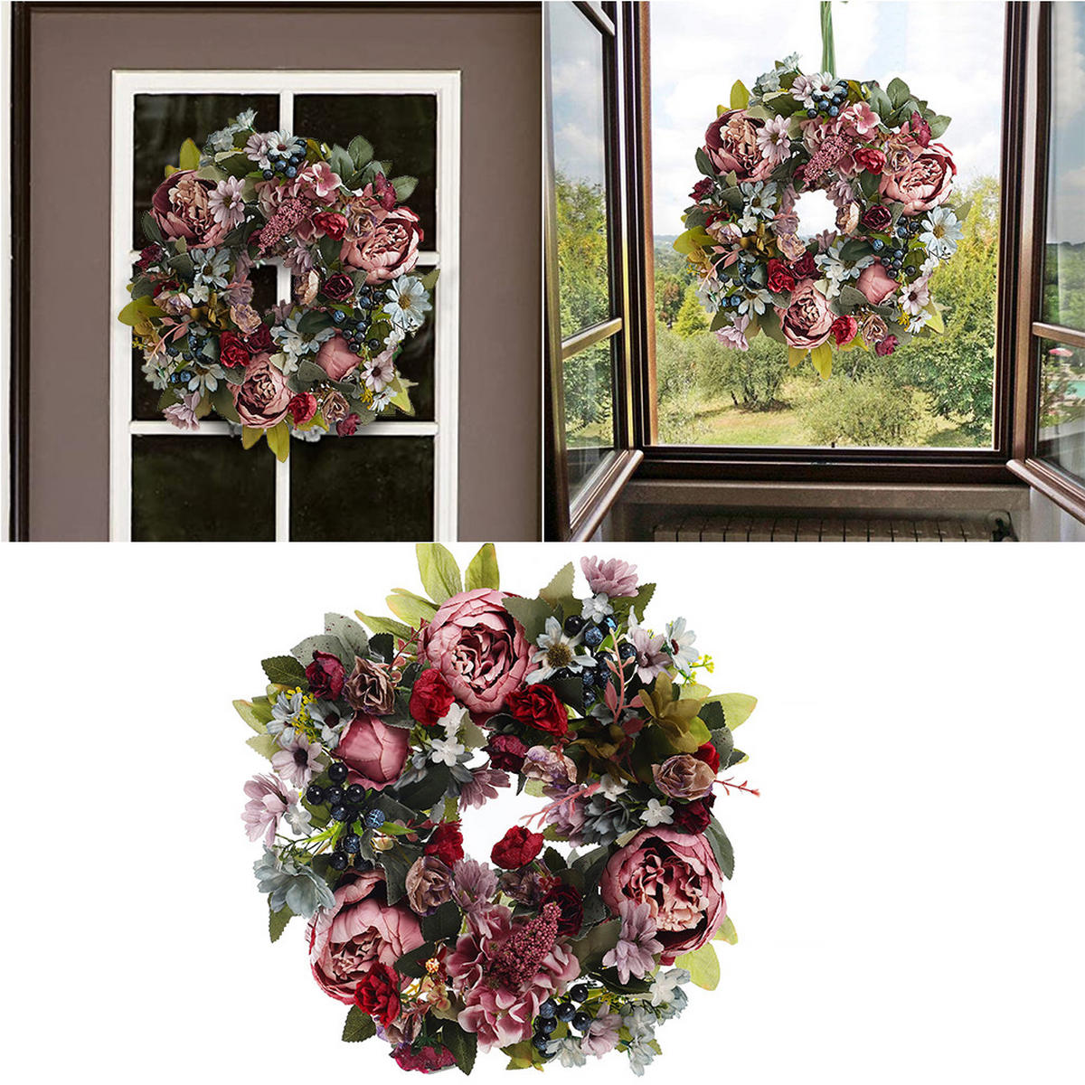 KUNSTBLUME Pfingstrosen 35cm Türkranz mit künstlichen für Hochzeit und Dekoration aus Stoff Hochwertige Verarbeitung - Rot, Kunststoff (20cm) - Livingandhome