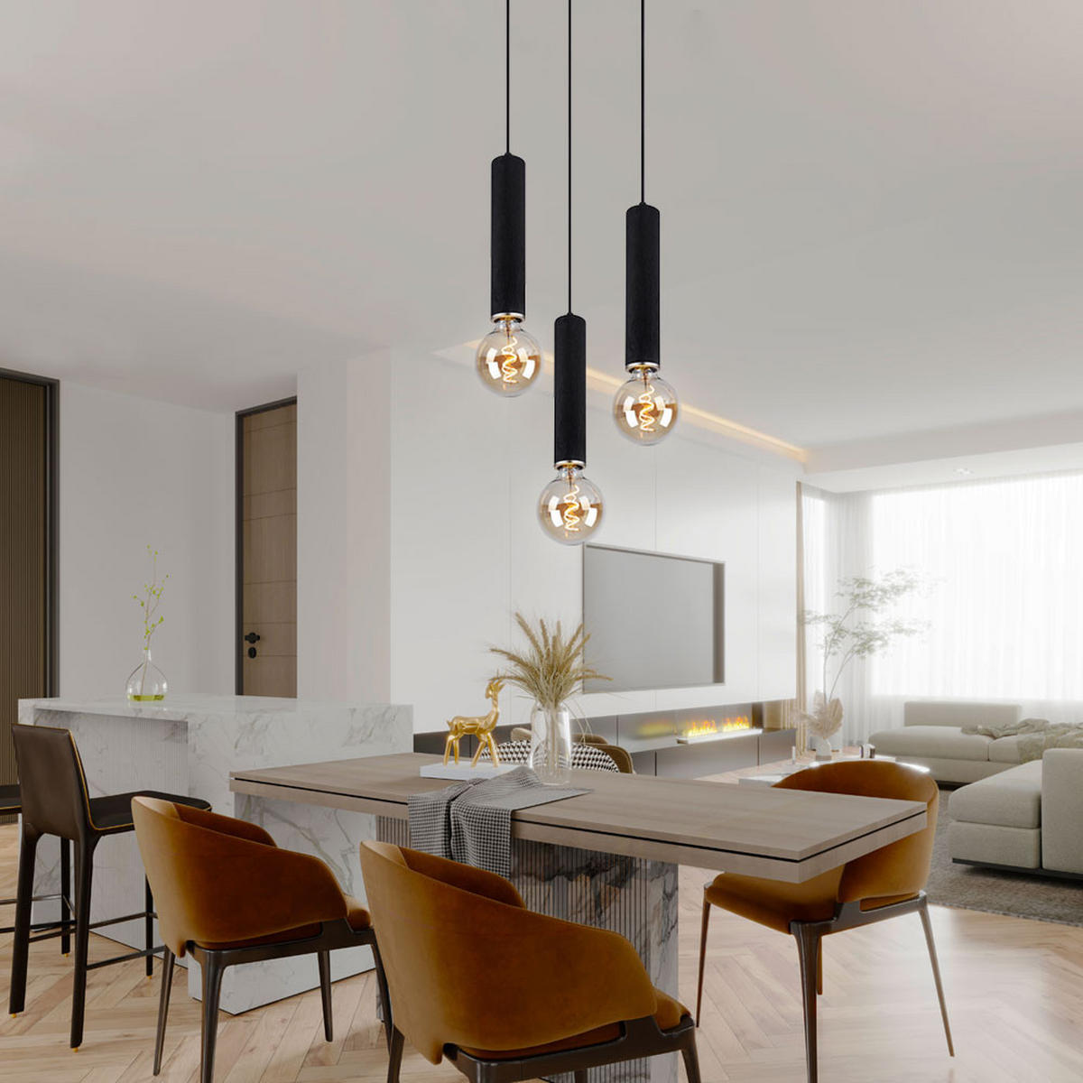 HÄNGELEUCHTE Holzoptik Schwarz 3-flammig - Schwarz, Holz (35/35/160cm) - Globo Lighting