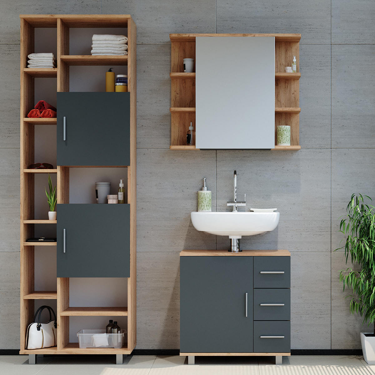 BADMÖBEL-SET Ilias Eiche 3 Teile, mit Unterschrank 60 cm - Eichefarben/Anthrazit, Holzwerkstoff (60/60.8/33cm) - Vicco