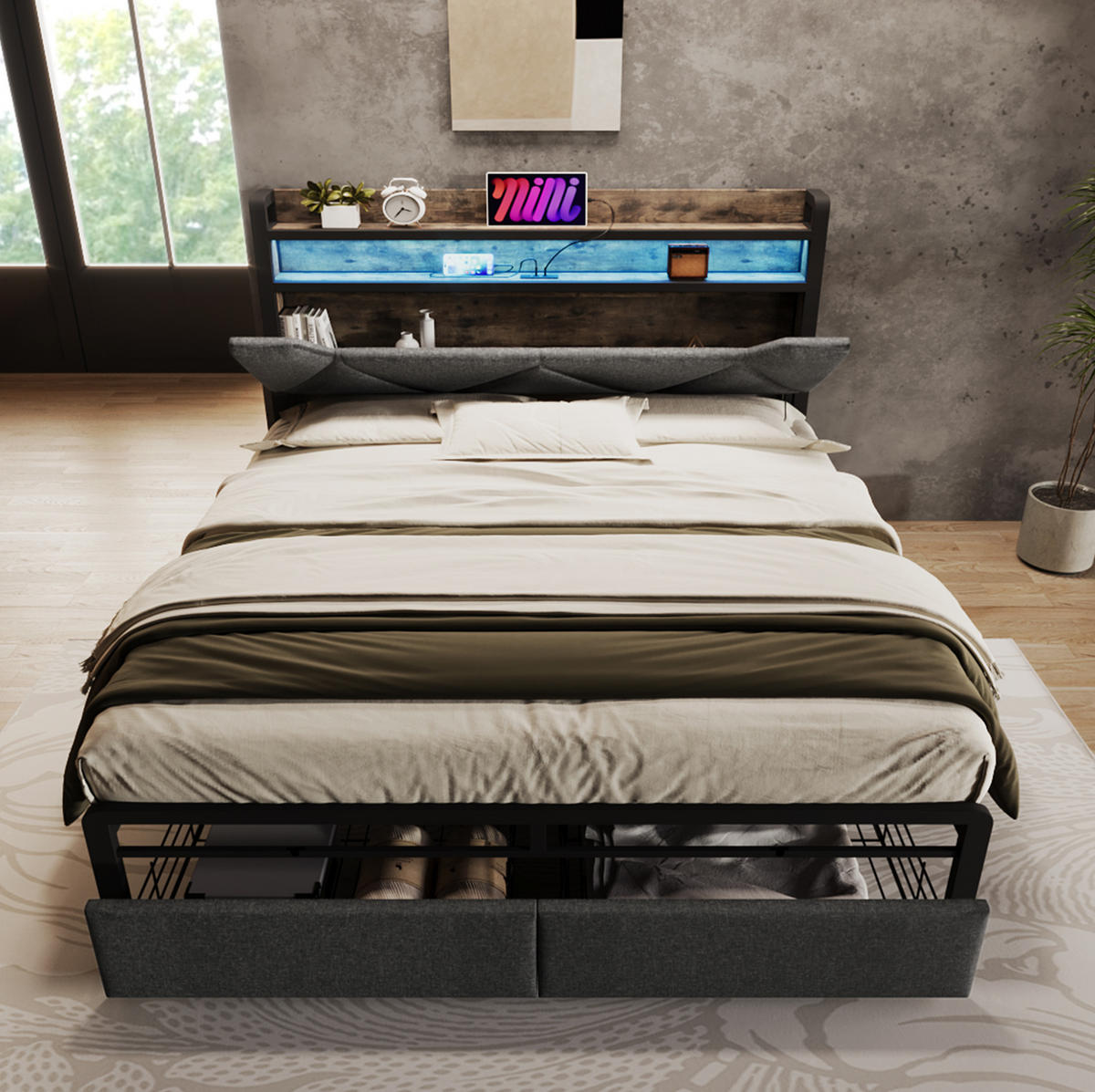 MULTIFUNKTIONSBETT 140/200 cm Grau mit Stauraum, USB-Anschlüssen und LED-Beleuchtung mit Matratze - Grau, Textil (140/200cm) - OKWISH