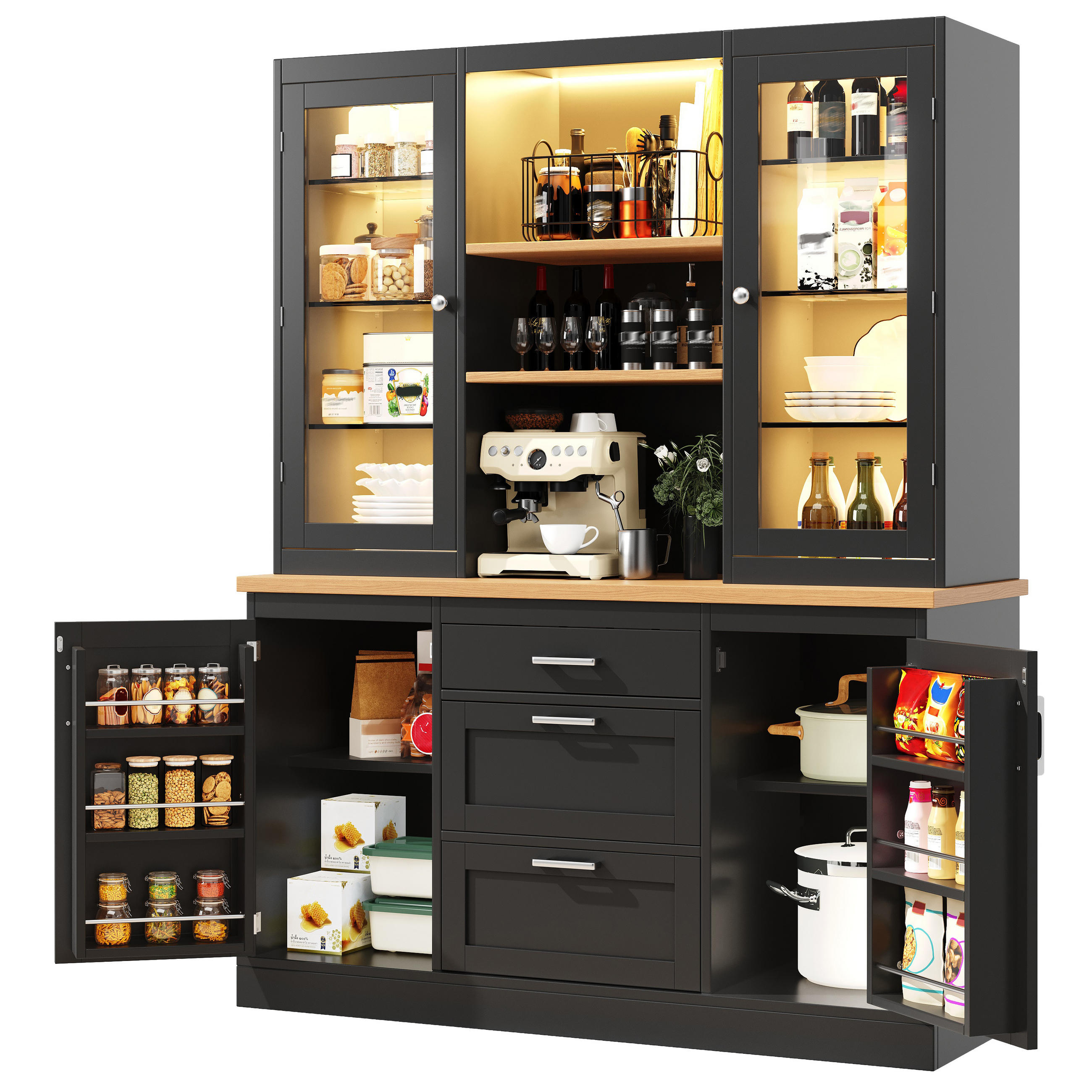 KÜCHENSCHRANK mit LED-Beleuchtung 140 x 40 x 185 cm MDF Schwarz - Schwarz, Holzwerkstoff (40/185/140cm) - Meubliv