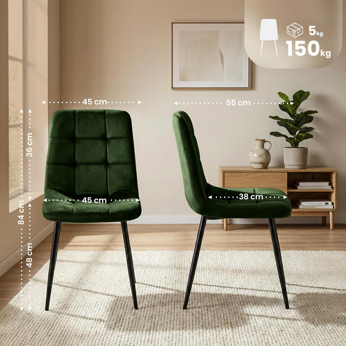 STUHL Samt Grün - Schwarz/Grün, Textil/Metall (45/84/55cm) - CLP