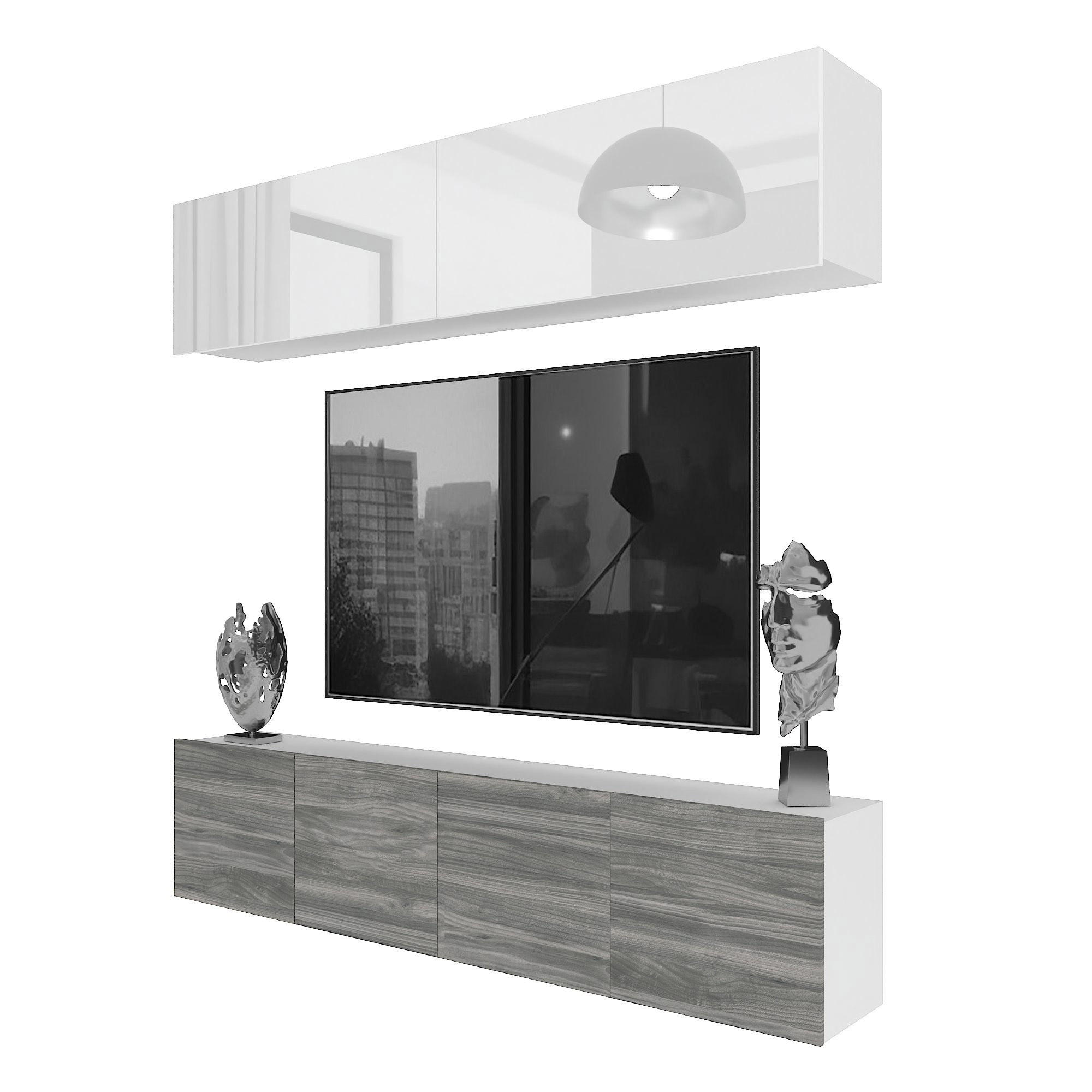 WOHNWAND Milano 6, Weiß Hochglanz/Grau Matt, 200 cm, Grifflos - Weiß, Holz (200/40/36cm) - B BELINI GROUP