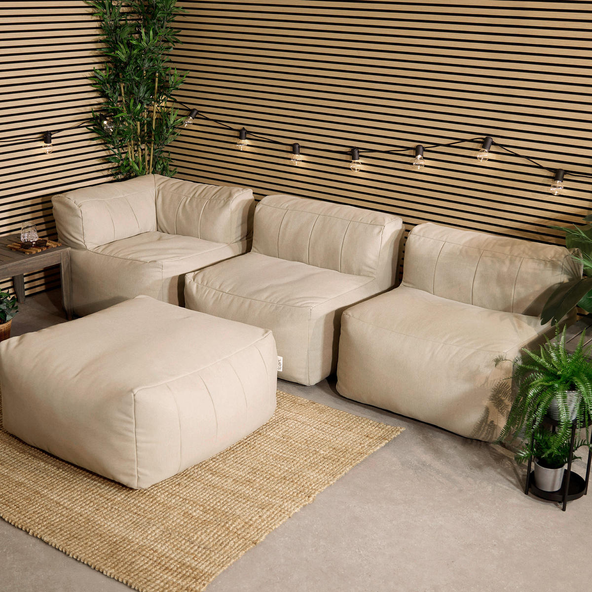 SITZSACK-SOFA Outdoor 4-tlg.: Ecksessel, 2 Sessel, Fußstütze - Beige, Textil (290/68/100cm) - icon