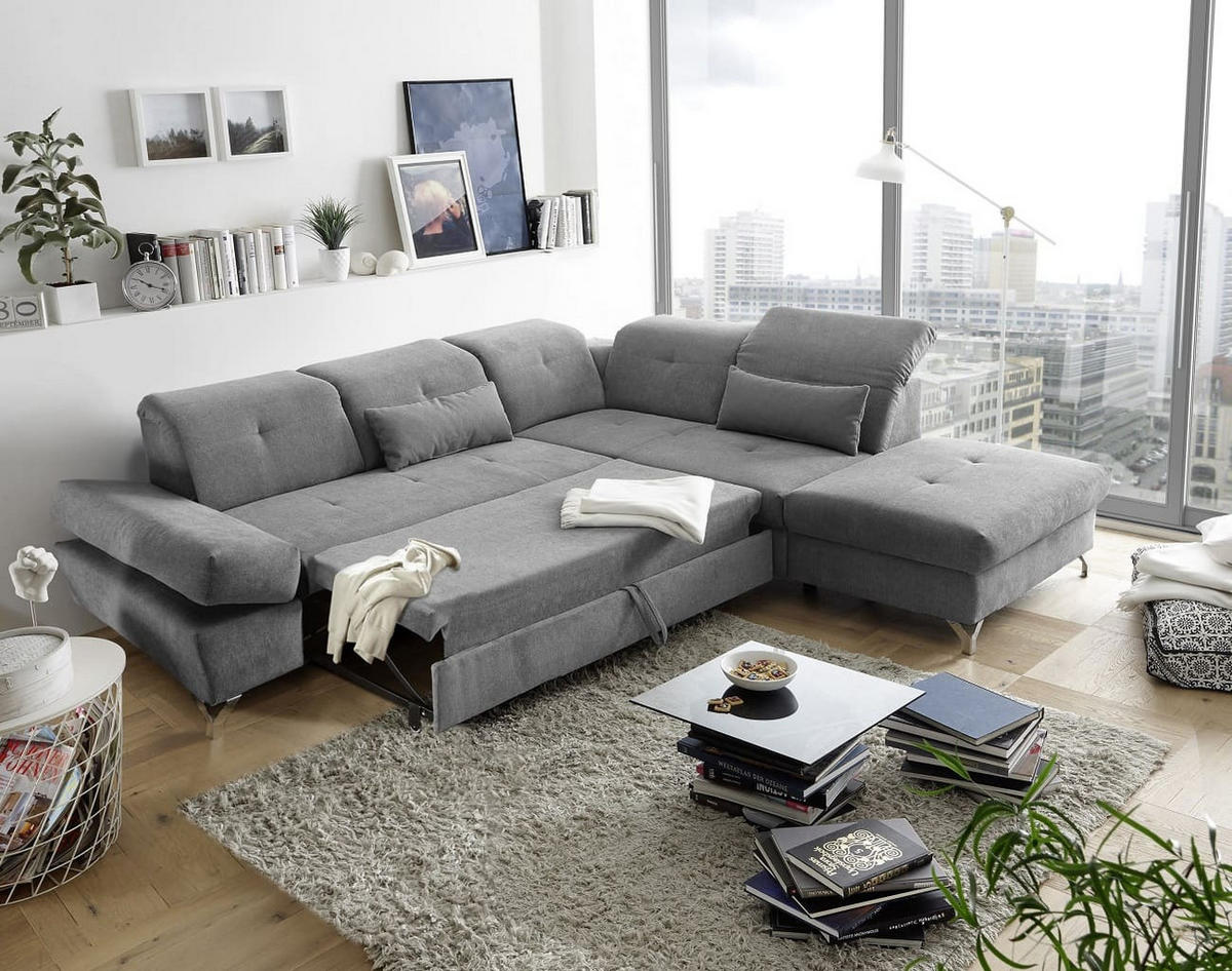 ECKSOFA mit Schlaffunktion und verstellbaren Kopflehnen - Chromfarben/Hellgrau, Textil/Metall (245/275cm) - ed exciting design