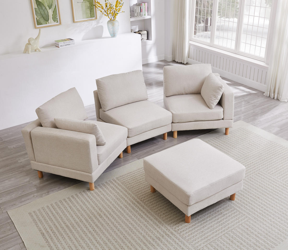 ECKSOFA 3-Sitzer Polyester Beige mit Hocker und Kissen - Beige, Holzwerkstoff/Textil (235/152cm) - WISHDOR