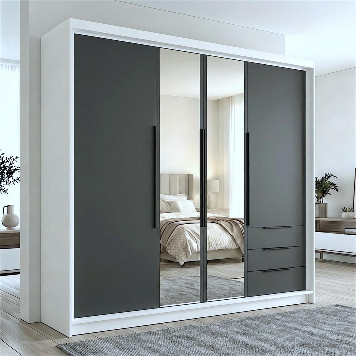 DREHTÜRENSCHRANK VIVO 200 cm Farbe: Weiß | Graphit | Graphit - Graphitfarben/Weiß, Holzwerkstoff/Metall (200/215/59.5cm) - A&J MöbelLand