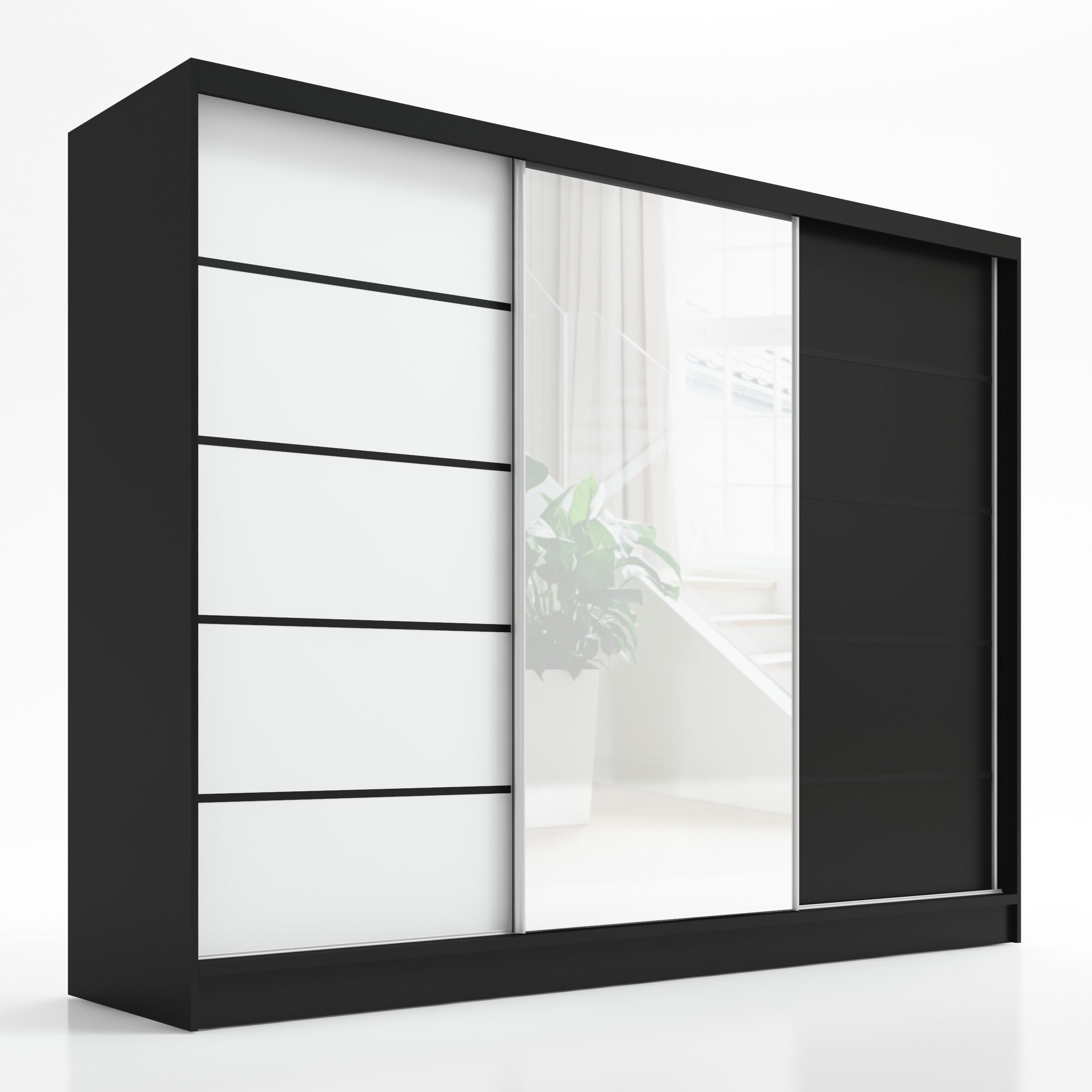 A&J MöbelLand Schwebetürenschrank Schwarz, Weiß, Schwarz 200x215x60 cm