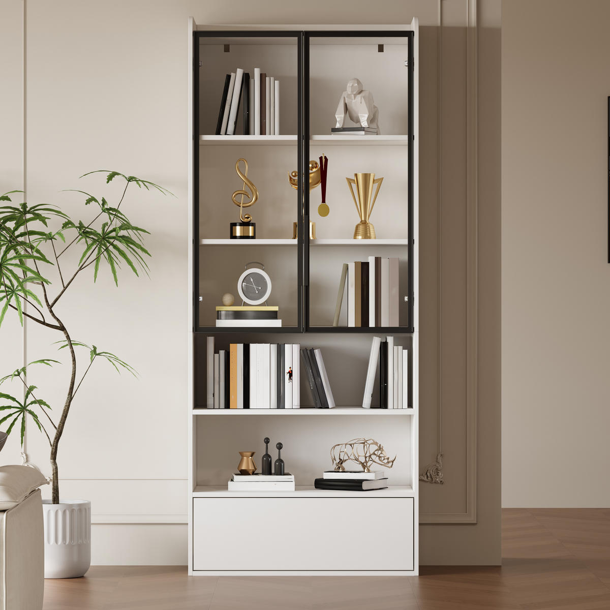 VITRINE Weiß mit Glastüren, einer Schublade und App-gesteuerter LED-Beleuchtung 80 × 34 × 180 cm aus MDF und Glas - Weiß, Holzwerkstoff (80/180/34cm) - Luhomfu