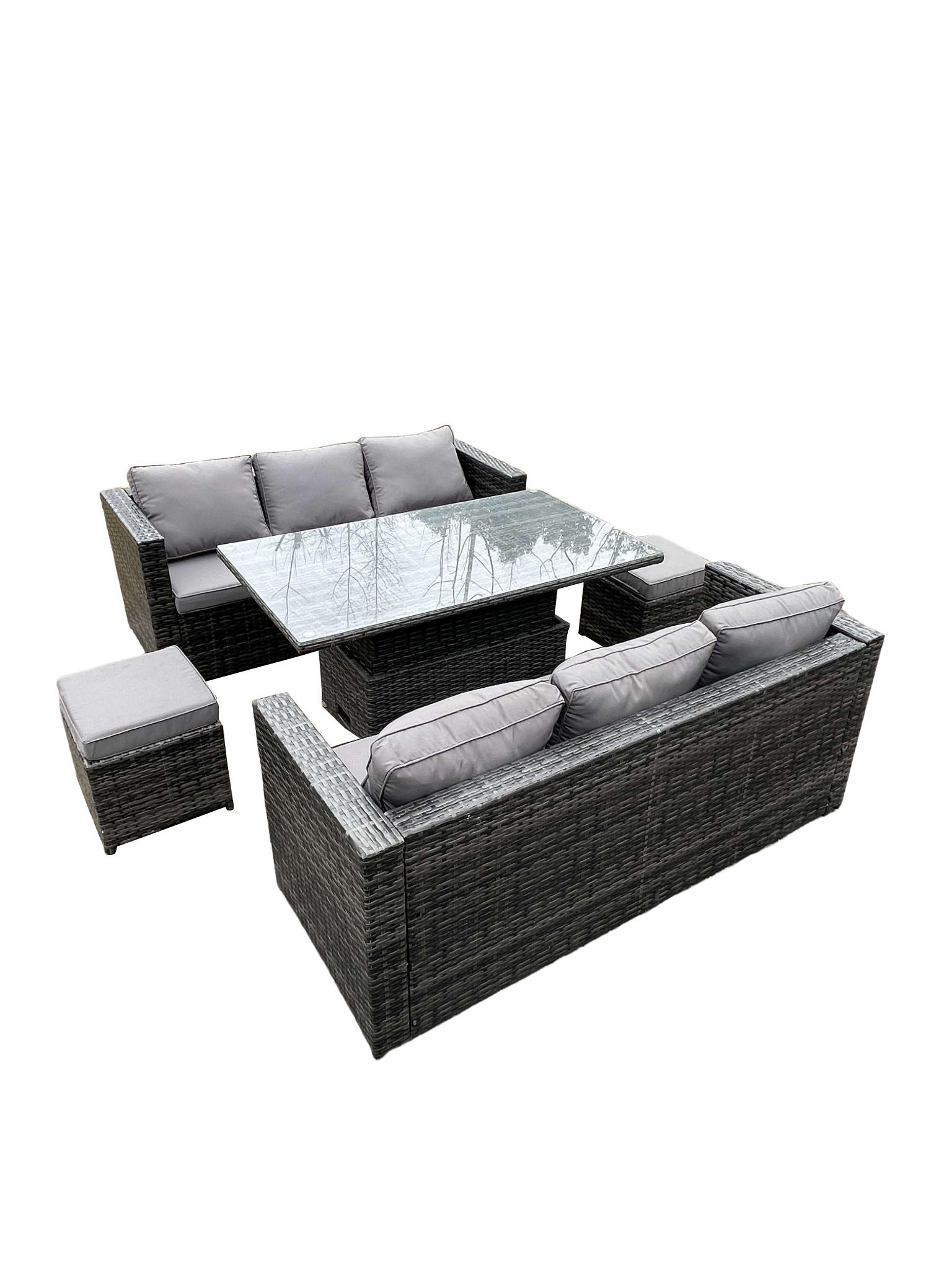 GARTENSET Polyrattan 8-Sitzer - Dunkelgrau/Grau, Glas/Kunststoff - Fimous