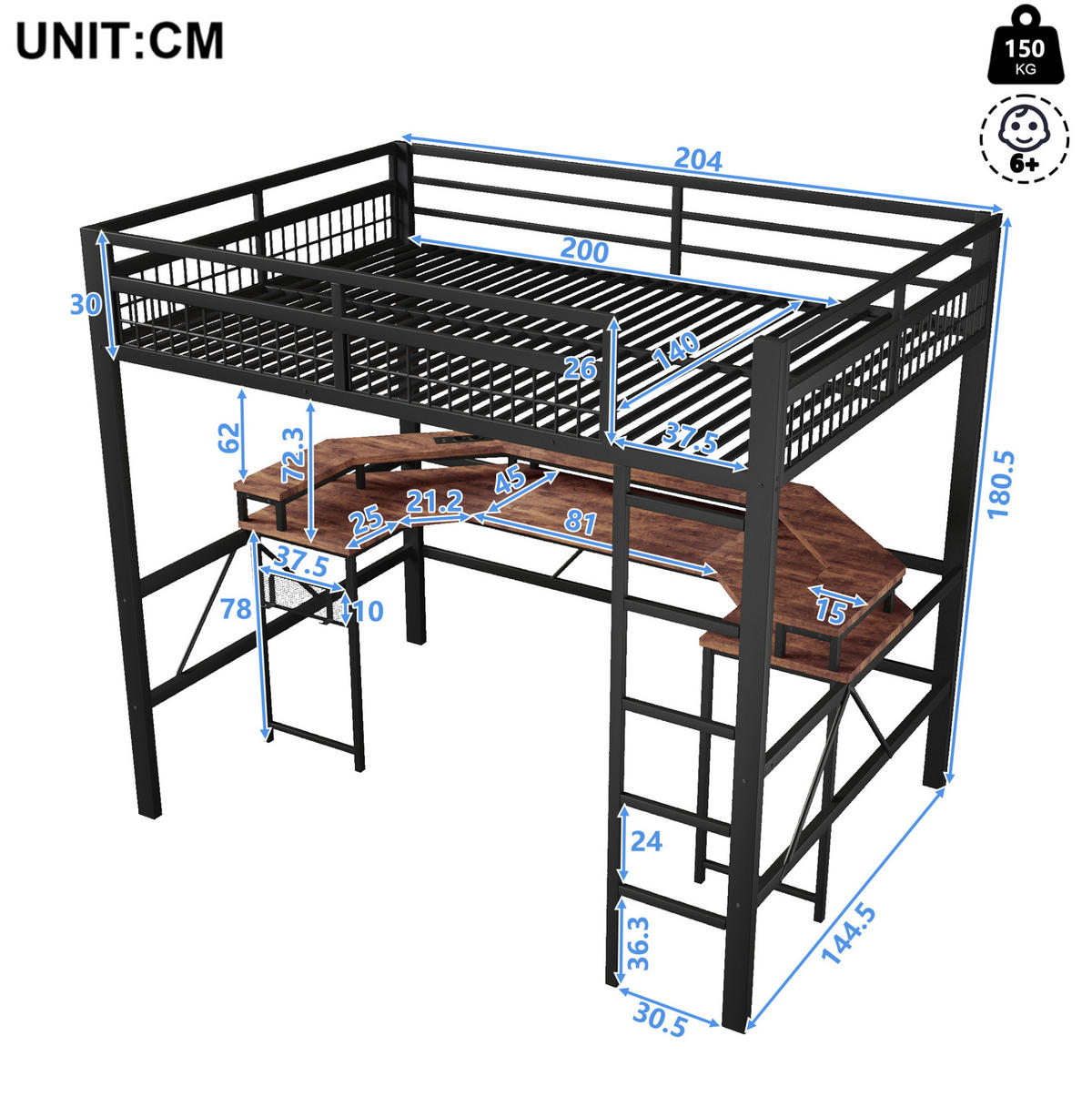 HOCHBETT 140/200 cm schwarz aus Metall mit Schreibtisch und LED - Schwarz, Metall (140/200cm) - OKWISH