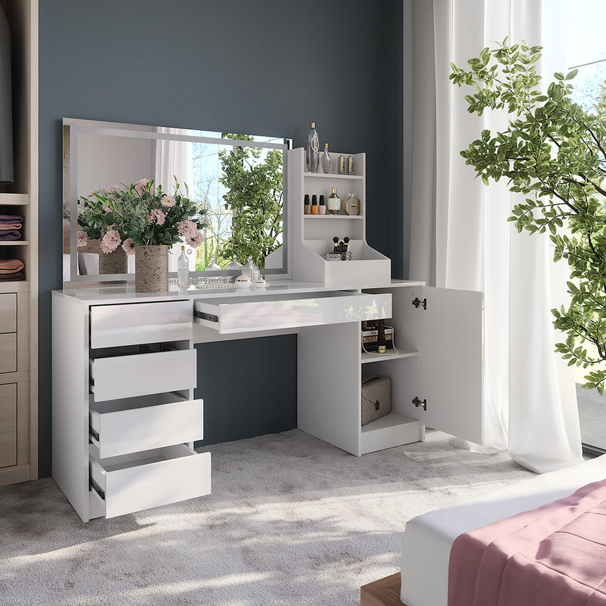 SCHMINKTISCH Sherry Weiß/Weiß Hochglanz 158.2 cm 3 Teile - Weiß Hochglanz, Holzwerkstoff (158.2/76/50.1cm) - Vicco