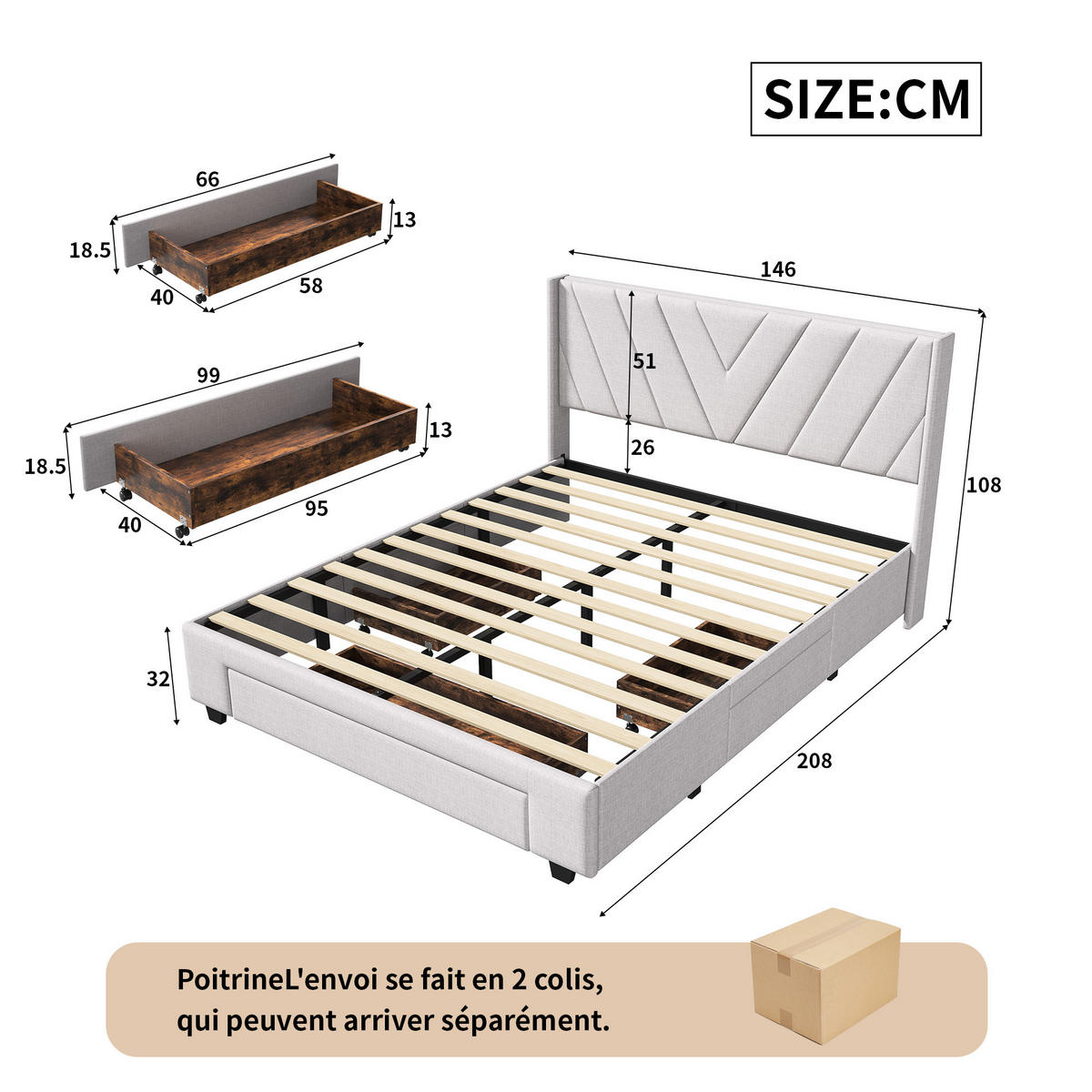 POLSTERBETT 140x200cm mit 3 Schublade, Lattenrost und Kopfteil, Linen, Beige - Beige, Textil/Metall (140/200cm)