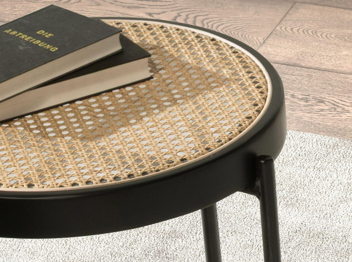 RUNDER Beistelltisch Modell 2109, Rattan, schwarzes MDF und schwarzer Edelstahl - Schwarz/Naturfarben, Naturmaterialien/Holzwerkstoff (52/52/52cm) - ANGEL CERDA
