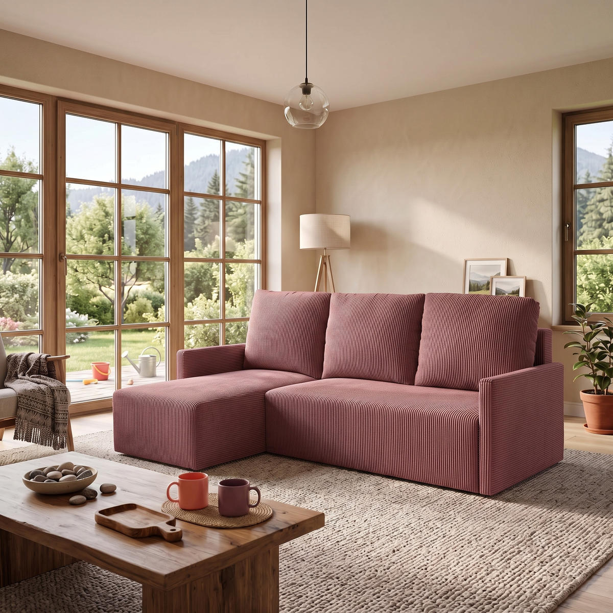 ECKSOFA GARDA L universell links/rechts montierbar mit Schlaffunktion 132x198 cm Cord Rosa - Pink/Schwarz, Holz/Kunststoff (209/145cm) - NACANAPA