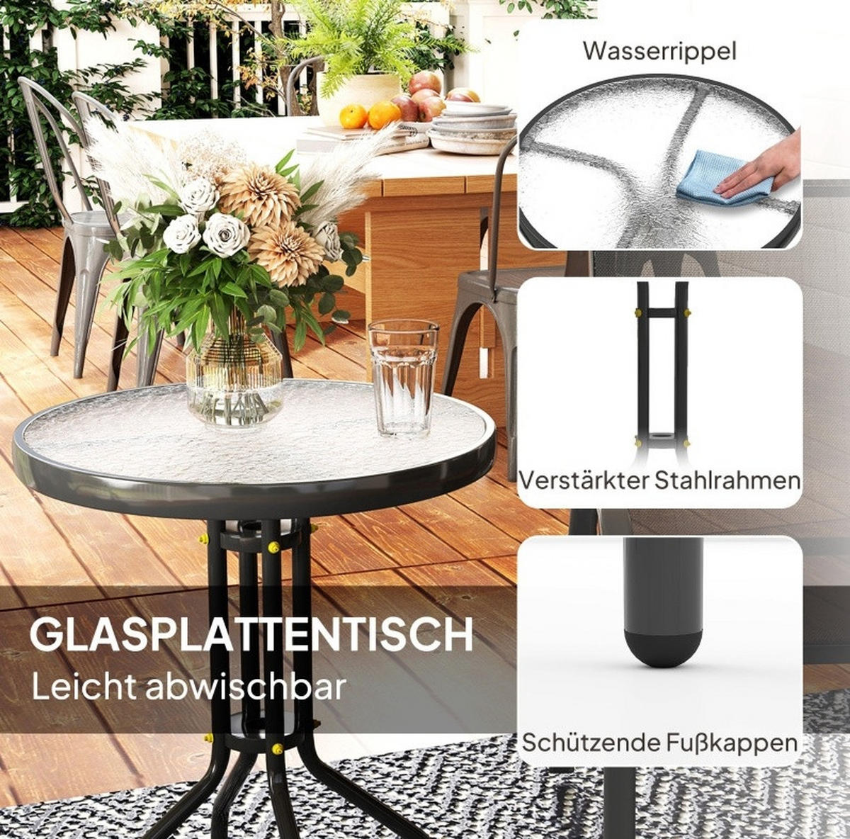 BALKONMÖBEL-SET 3-teilig 54/71/93 cm mit stapelbaren Stühlen und Glastisch, Schwarz - Schwarz, Metall - Redom