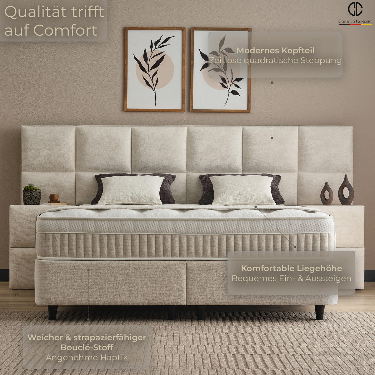 BOXSPRINGBETT MIT BETTKASTEN CANNES 160/200 cm, Ivory, Bettkasten, Matratze, Topper integriert, H3 mittel 7-Zonen Matratze - Creme/Schwarz, Holz/Kunststoff (160/200cm) - Consilio Concept