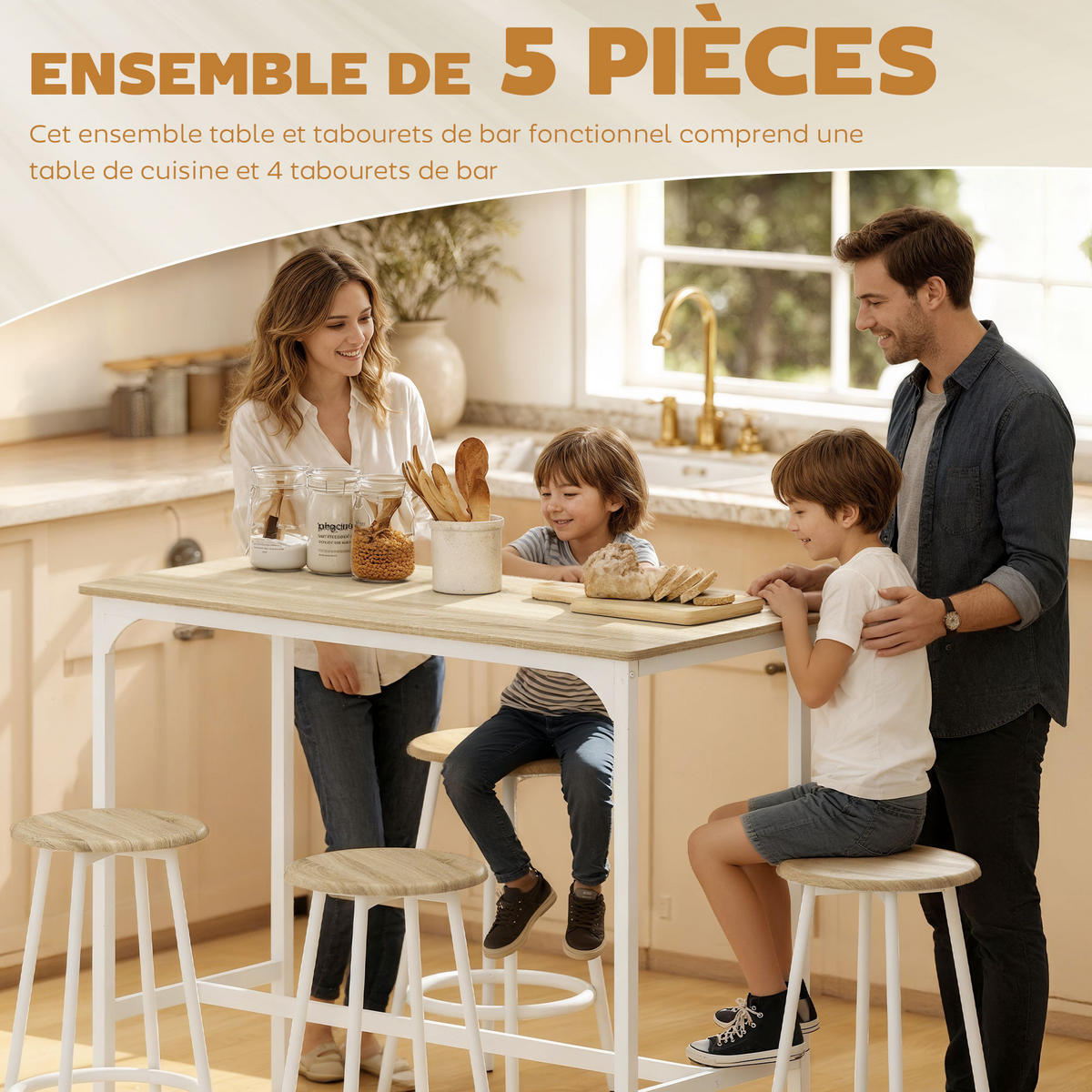 BARTISCH-SET DE-14809 4 Hocker mit Fußstütze Holzoptik/Weiß - Braun, Metall (110/50/89.5cm) - ComfortXL