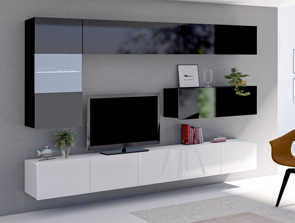 WOHNWAND Kossana 4 Modern Schwarz/Weiß 255/142/43 cm Modern Style - Schwarz/Weiß, Holzwerkstoff/Kunststoff (255/142/43cm) - AX Living