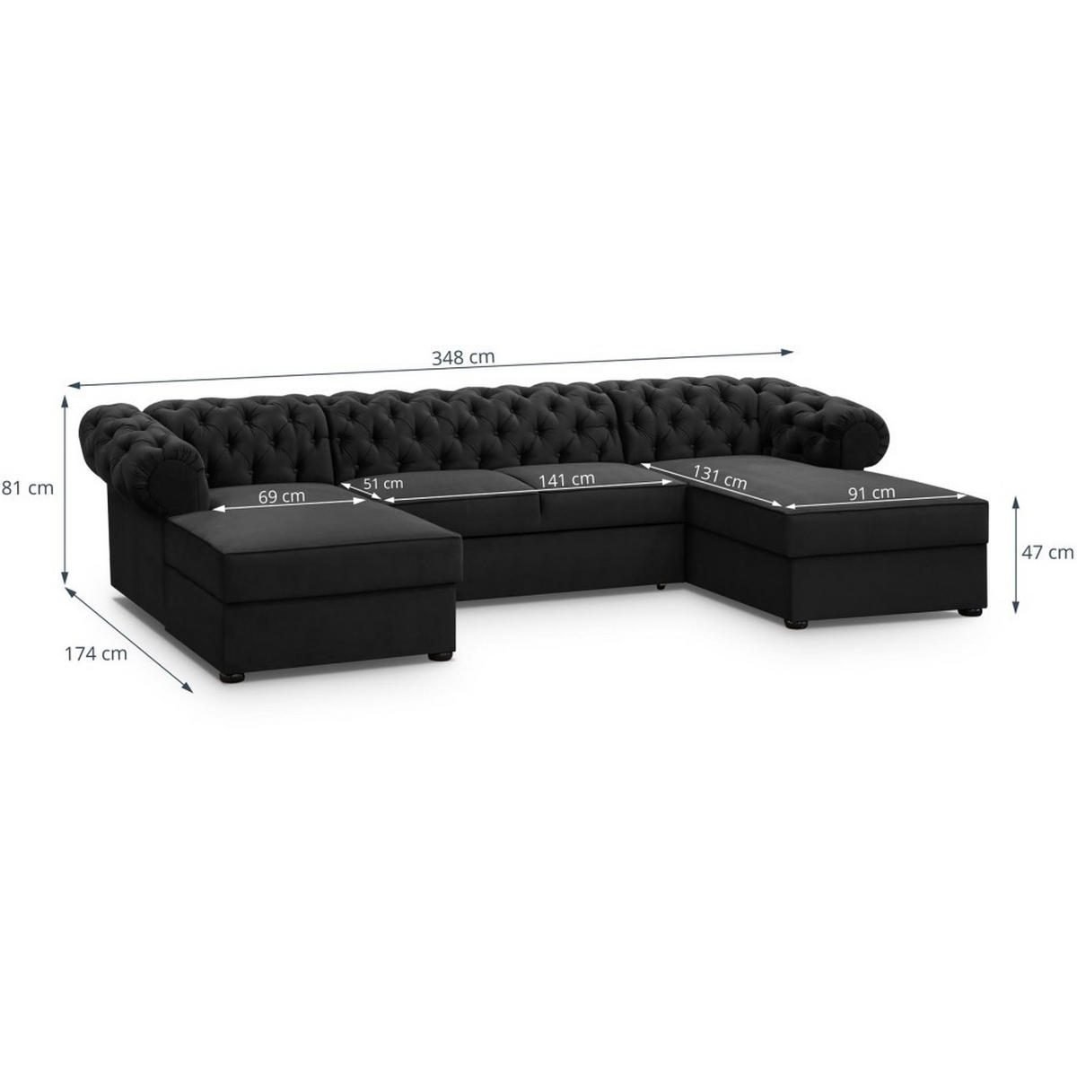 WOHNLANDSCHAFT Chester im Chesterfield-Stil, Schwarz - Schwarz, Textil (348/81/174cm) - Beautysofa