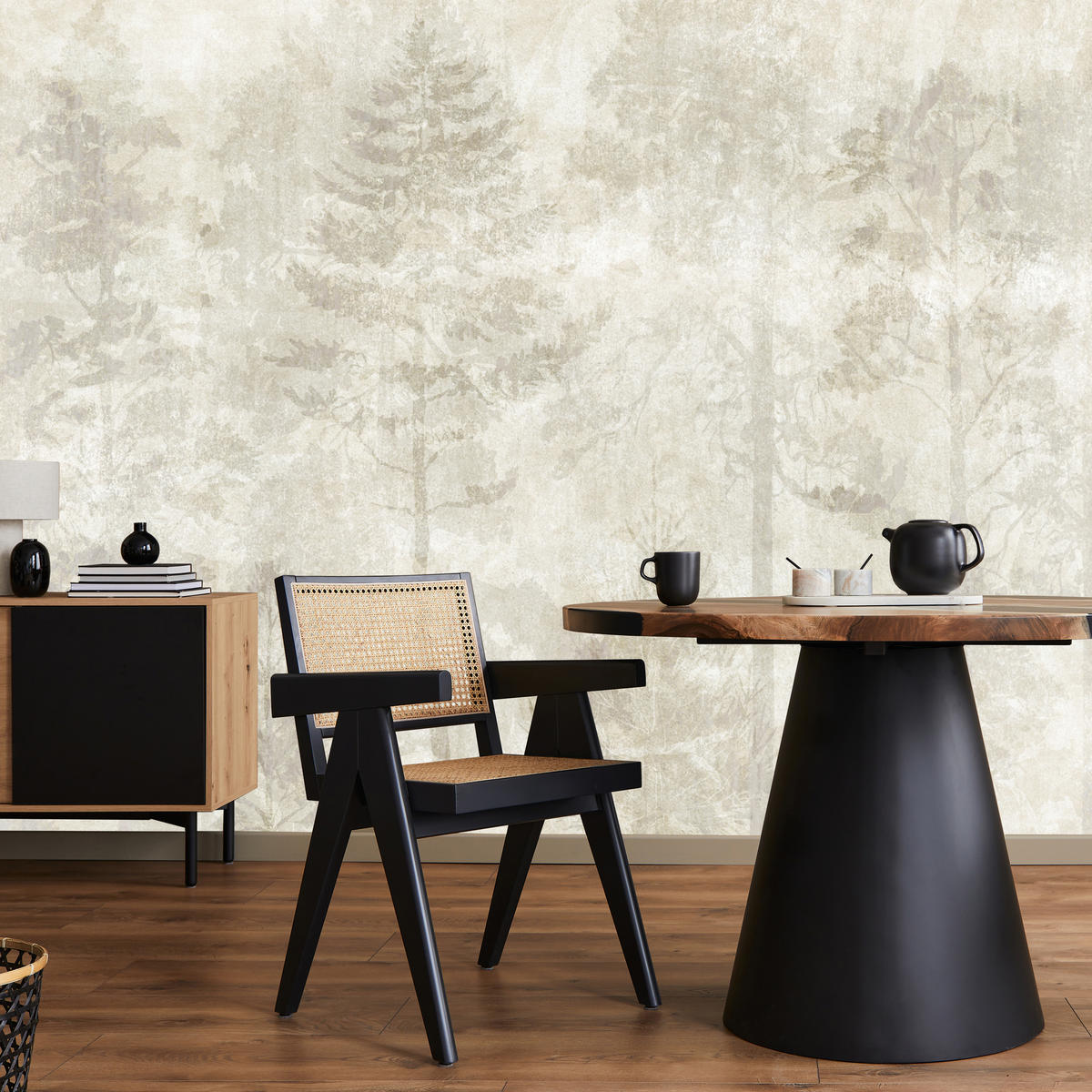 FOTOTAPETE für Wohnzimmer Boho Wald Bäume Beton Abstrakt Vintage Beige 350x256 - Beige/Braun, Papier (350/256cm) - Muralo