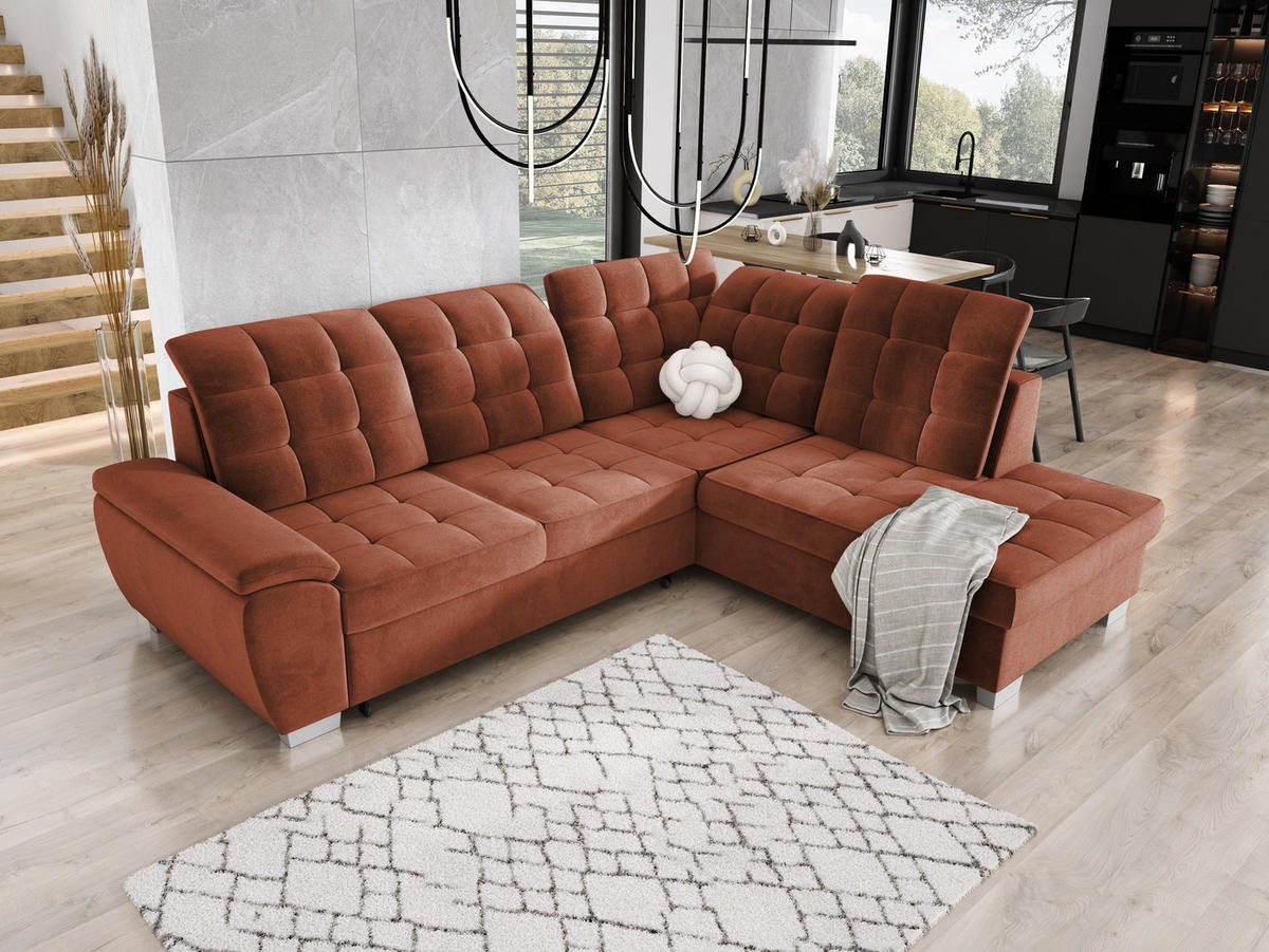 ECKSOFA LOTTA SALVADOR Bettkasten verstellbare Kopfstützen hochwertige Verarbeitung lose Rückenkissen freistehend RECHTS 258x212x106 cm Bordeaux - Bordeaux, Holz/Textil (258/212cm) - DomoHome